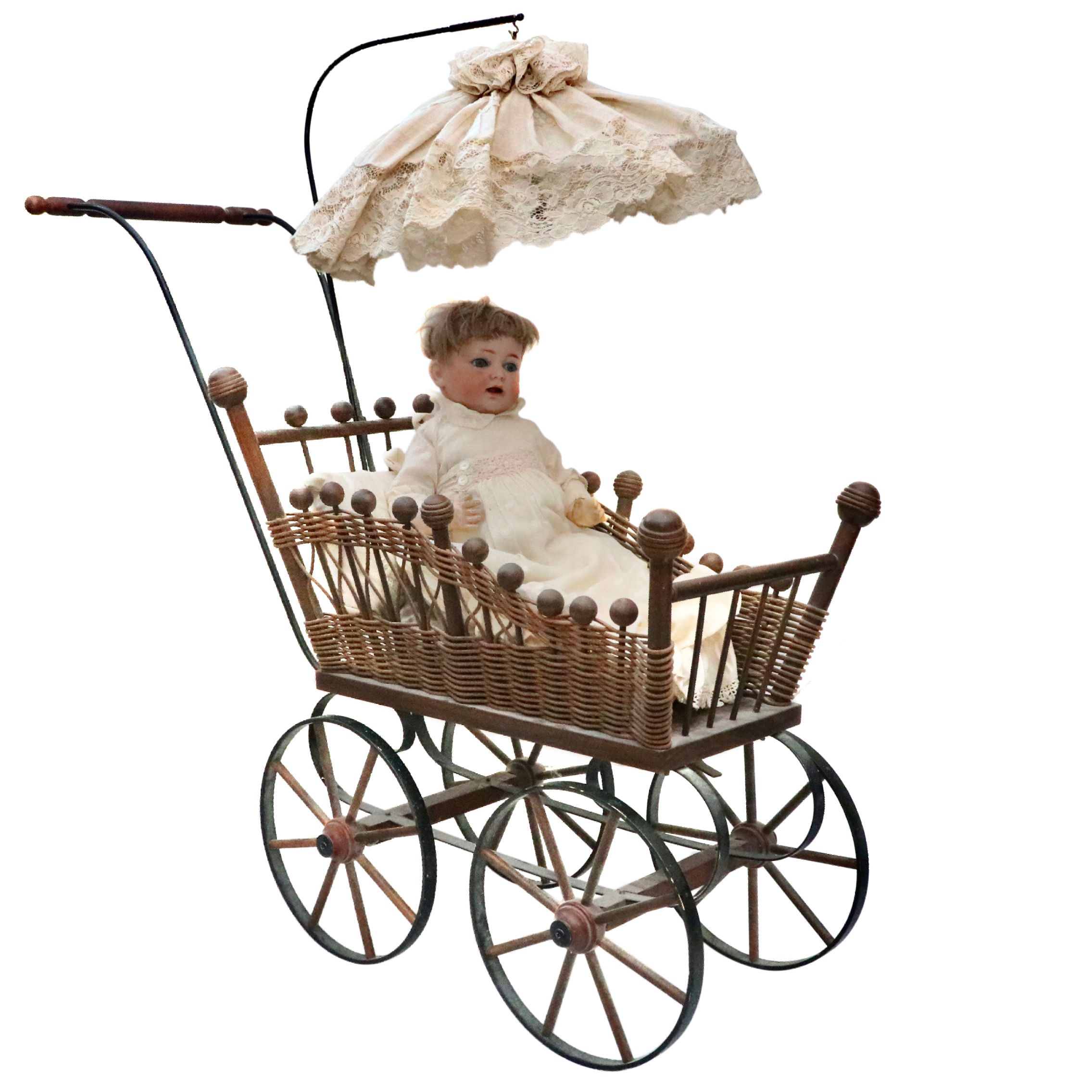 K Star R 122 Character Baby Doll with Victorian Ball and Stick Canopy Pram