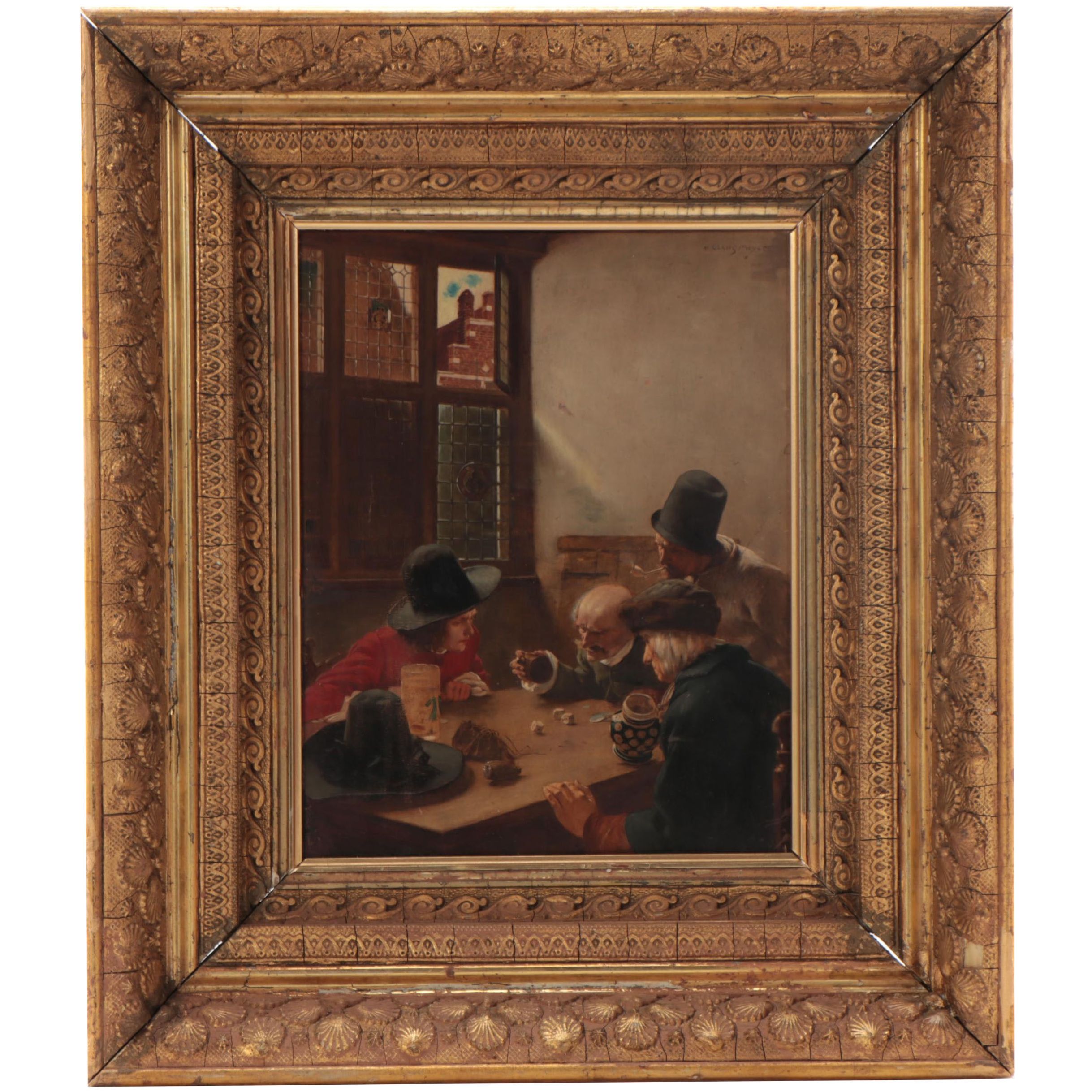 Oil Painting Over Print After Claus Meyer of a Gambling Scene