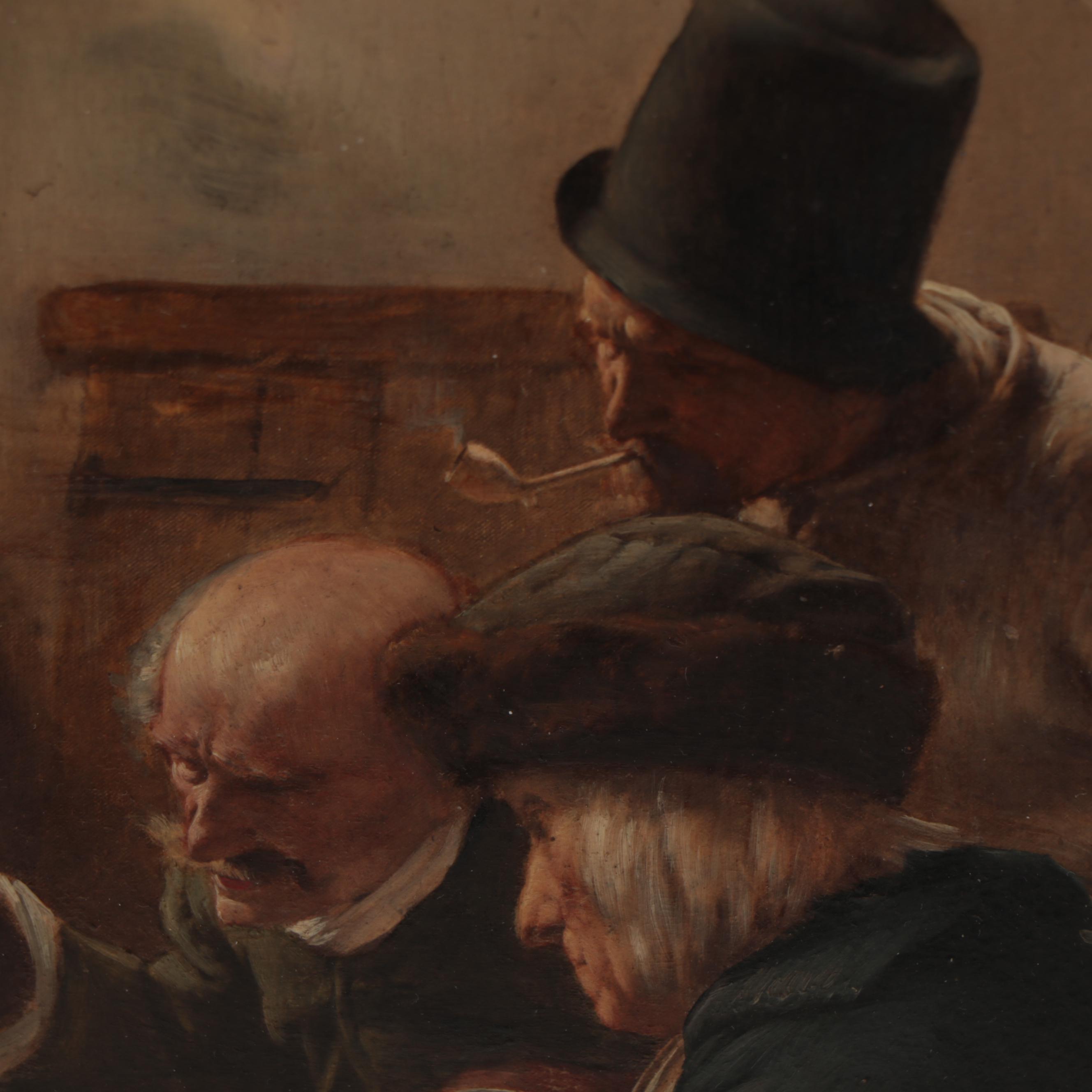 Oil Painting Over Print After Claus Meyer of a Gambling Scene
