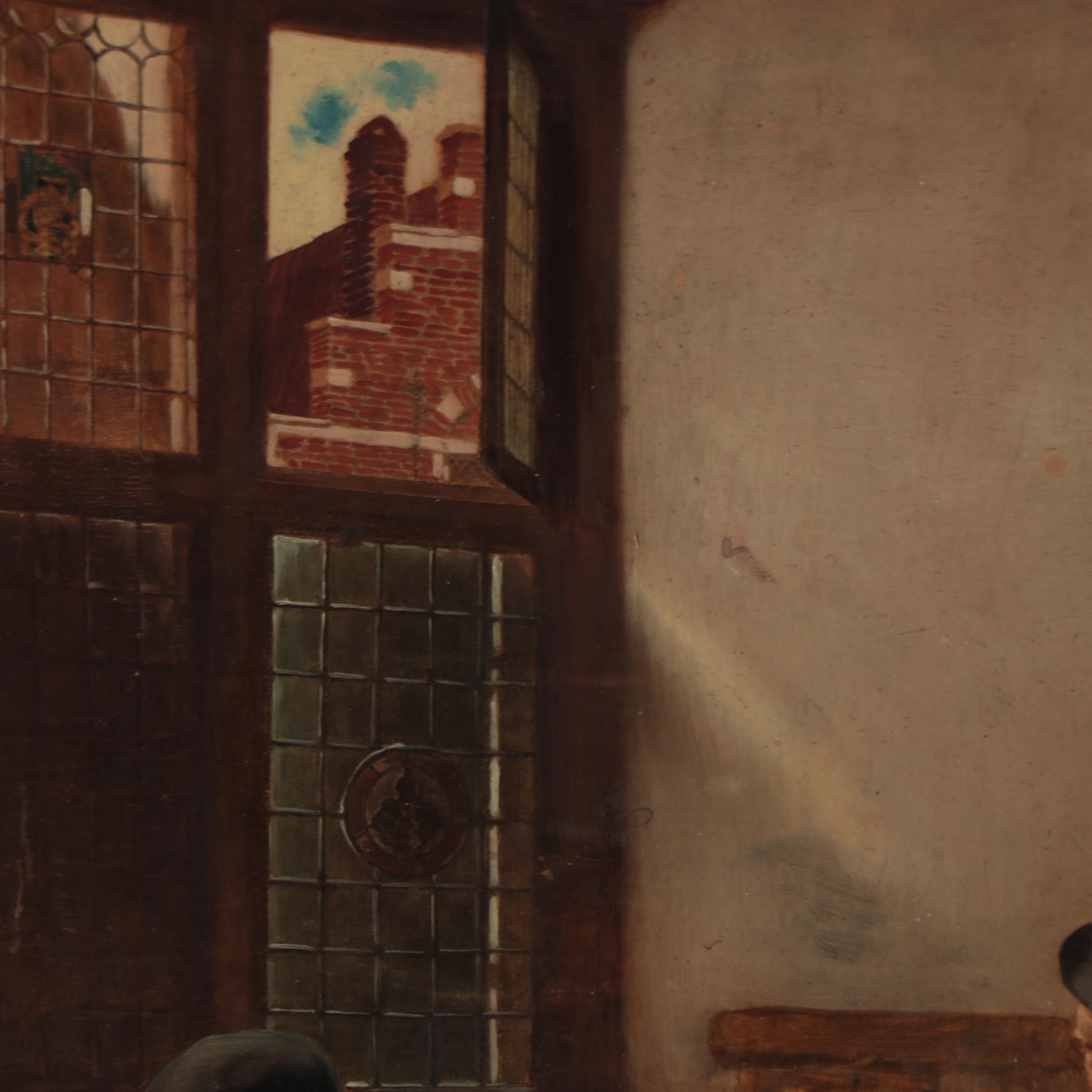 Oil Painting Over Print After Claus Meyer of a Gambling Scene