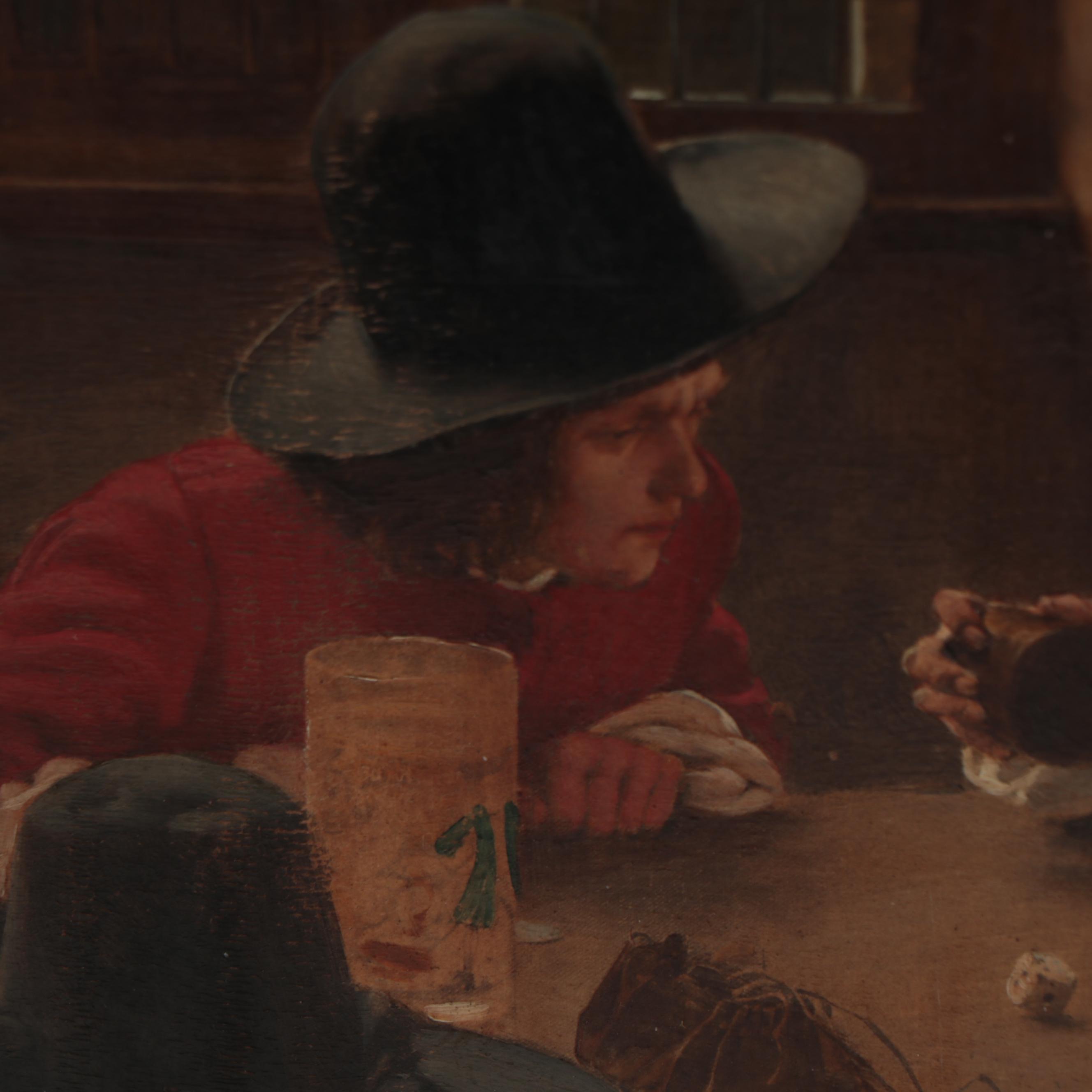 Oil Painting Over Print After Claus Meyer of a Gambling Scene