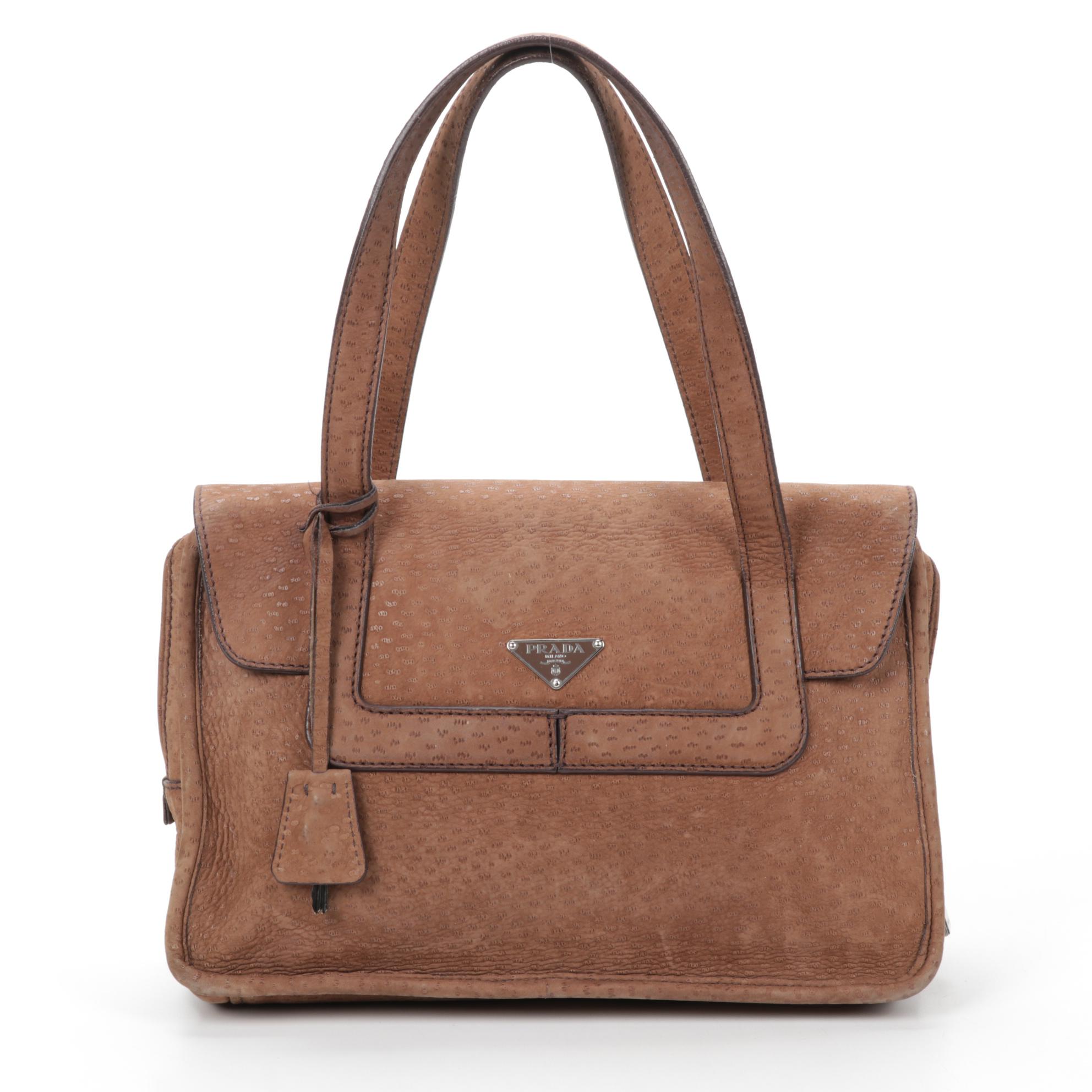 Prada Flap Shoulder Bag in Brown Embossed Suede