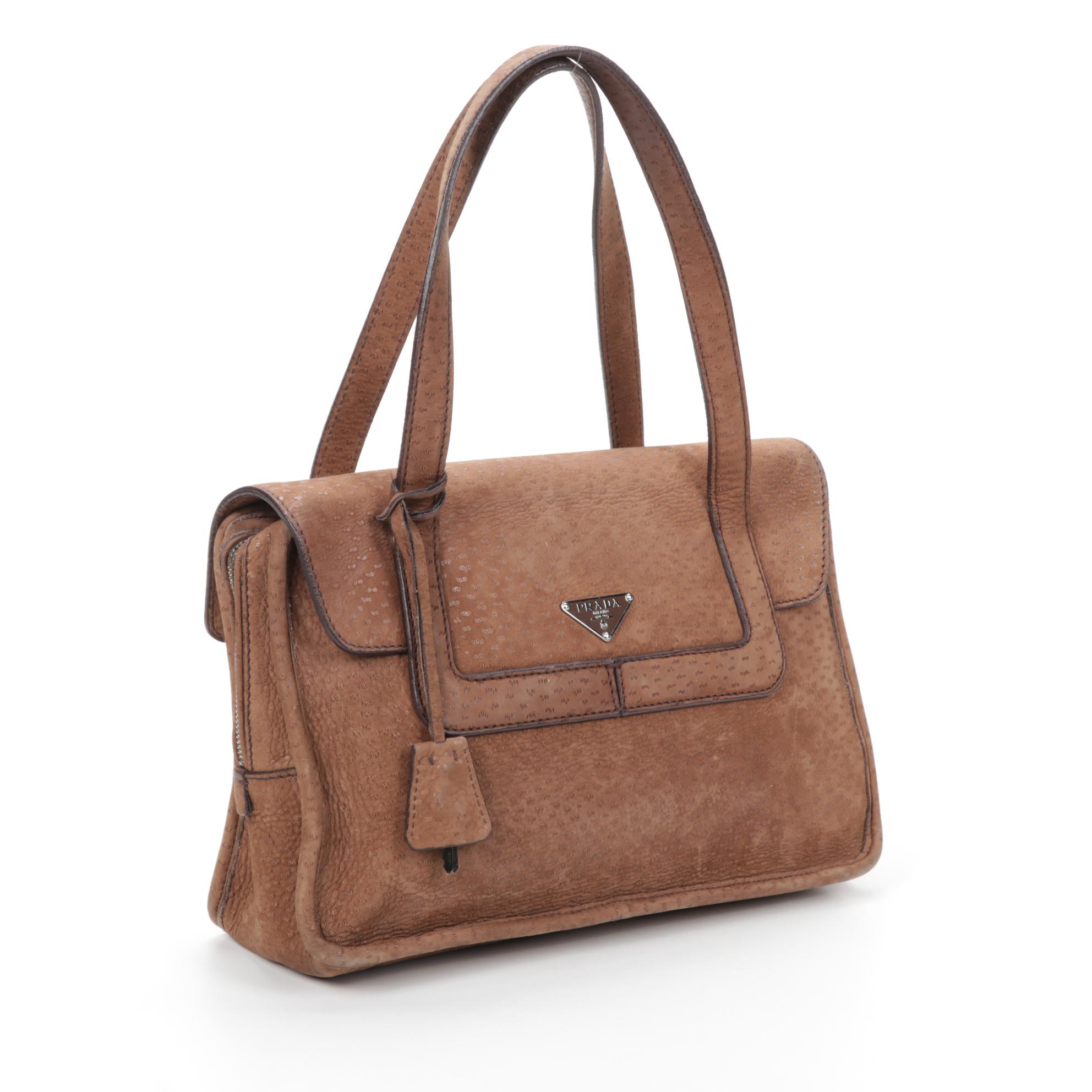 Prada Flap Shoulder Bag in Brown Embossed Suede
