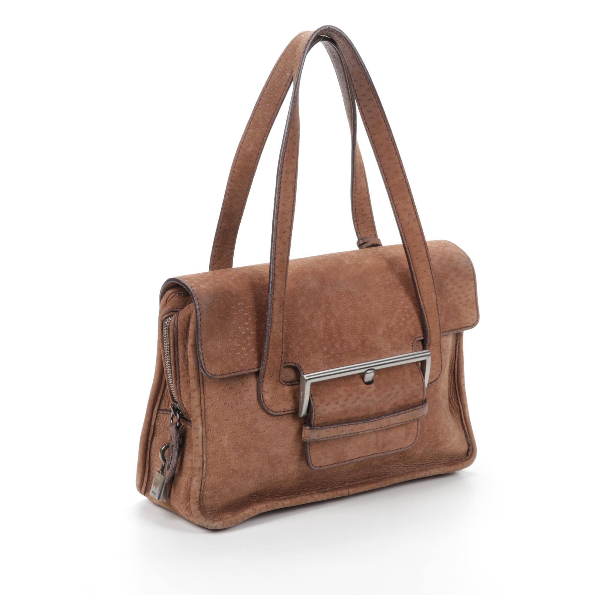 Prada Flap Shoulder Bag in Brown Embossed Suede