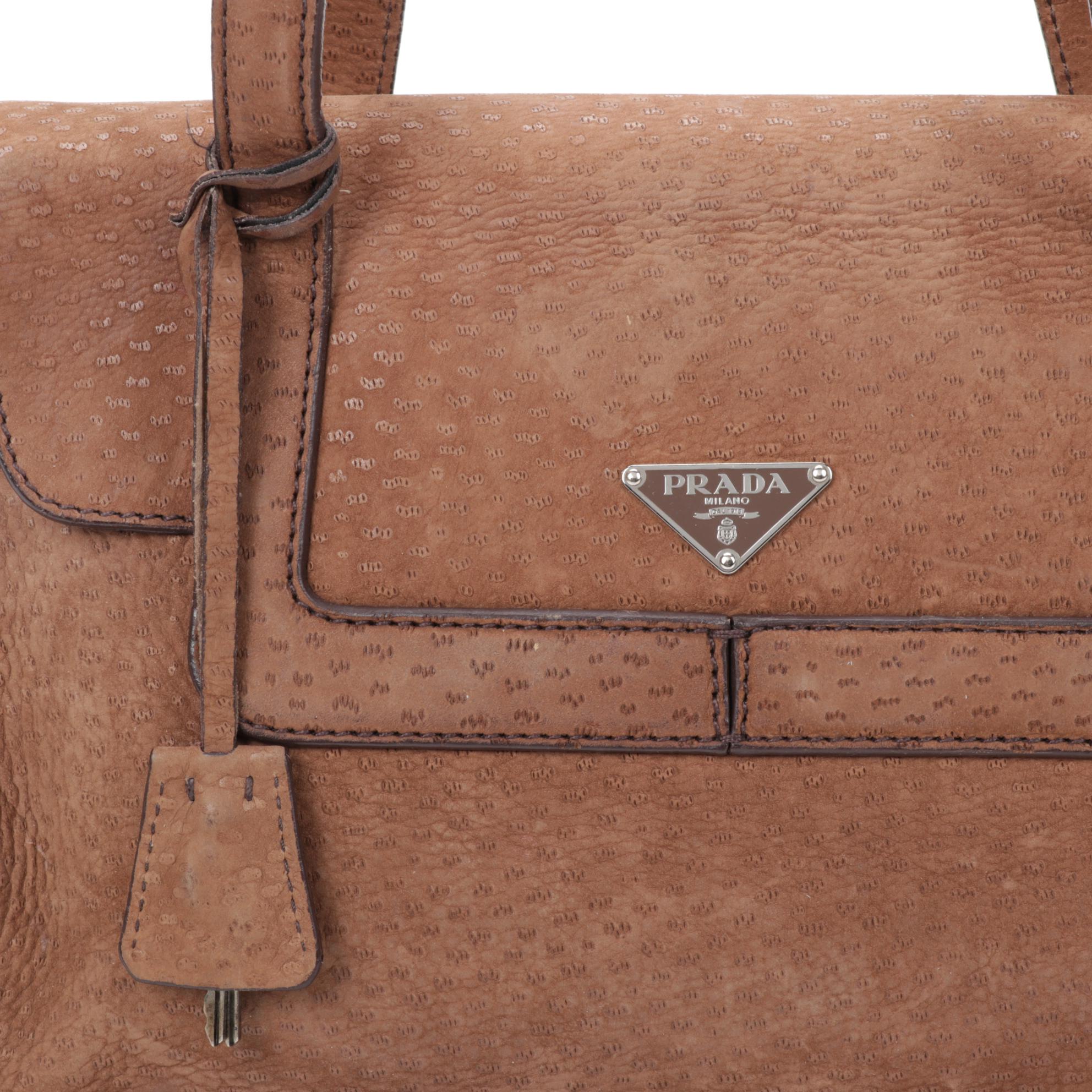 Prada Flap Shoulder Bag in Brown Embossed Suede