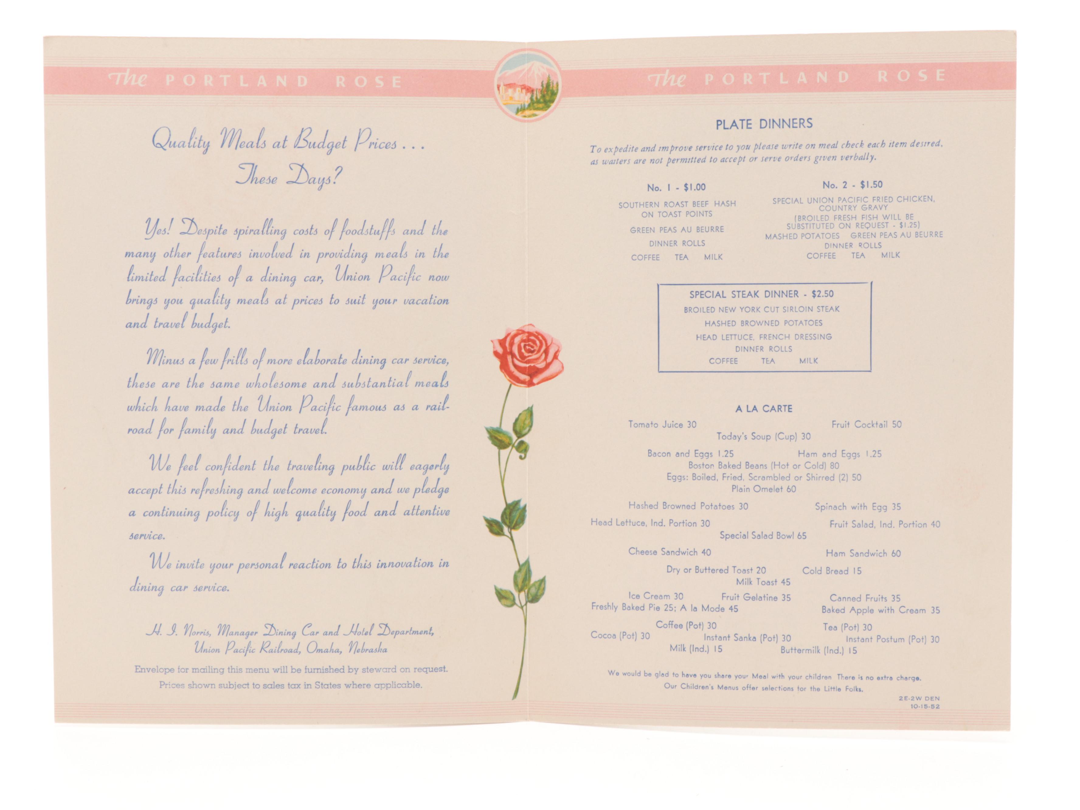 Union Pacific Train "The Portland Rose" Brochure and Menus, Vintage