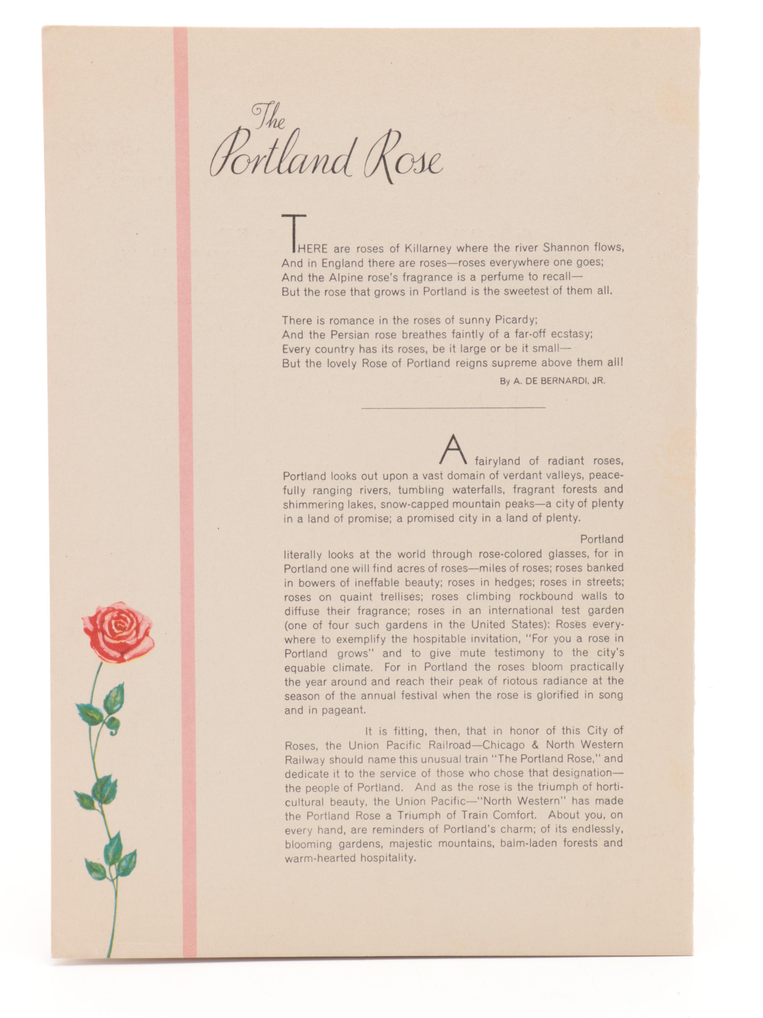 Union Pacific Train "The Portland Rose" Brochure and Menus, Vintage
