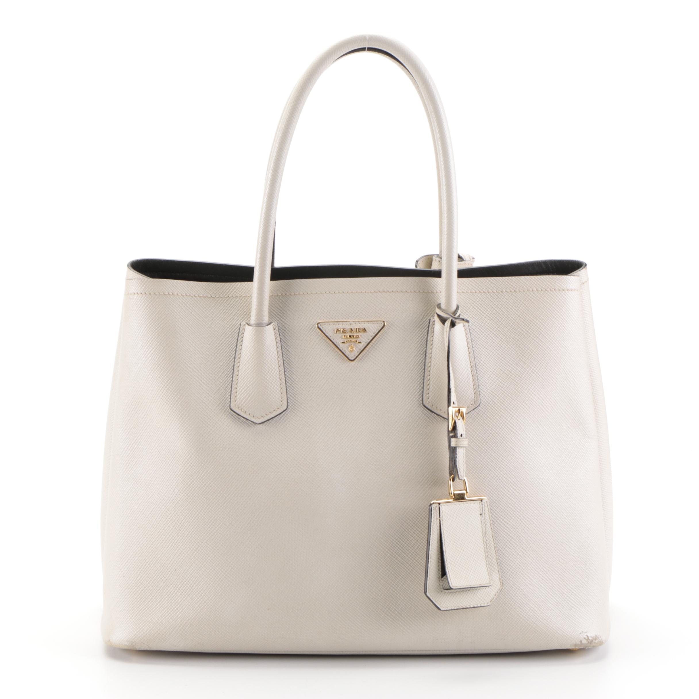 Prada Double Tote in White Saffiano Leather