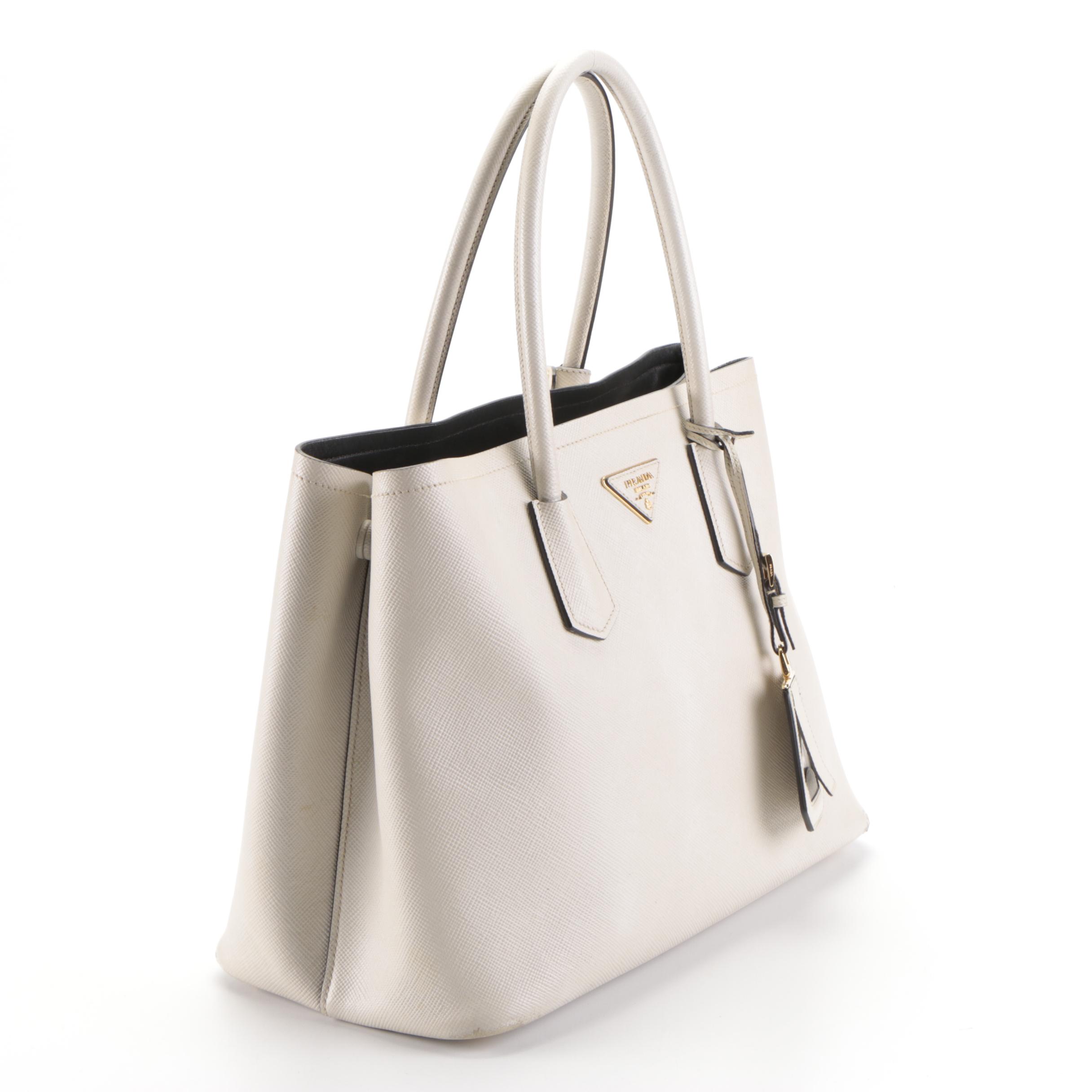 Prada Double Tote in White Saffiano Leather
