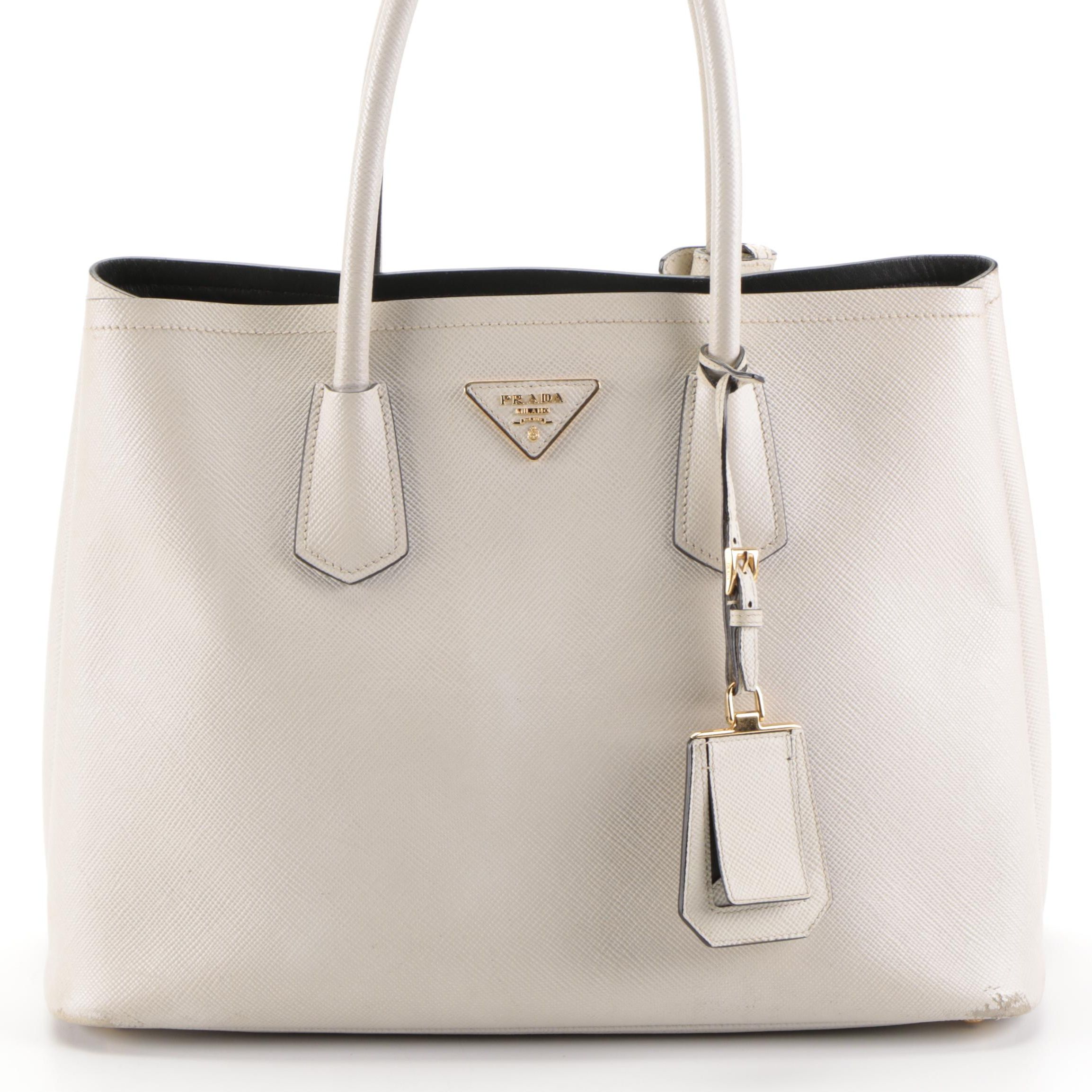 Prada Double Tote in White Saffiano Leather