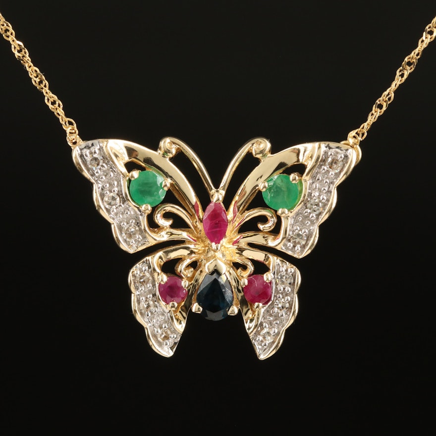 14K Emerald, Ruby, Sapphire and Diamond Butterfly Necklace