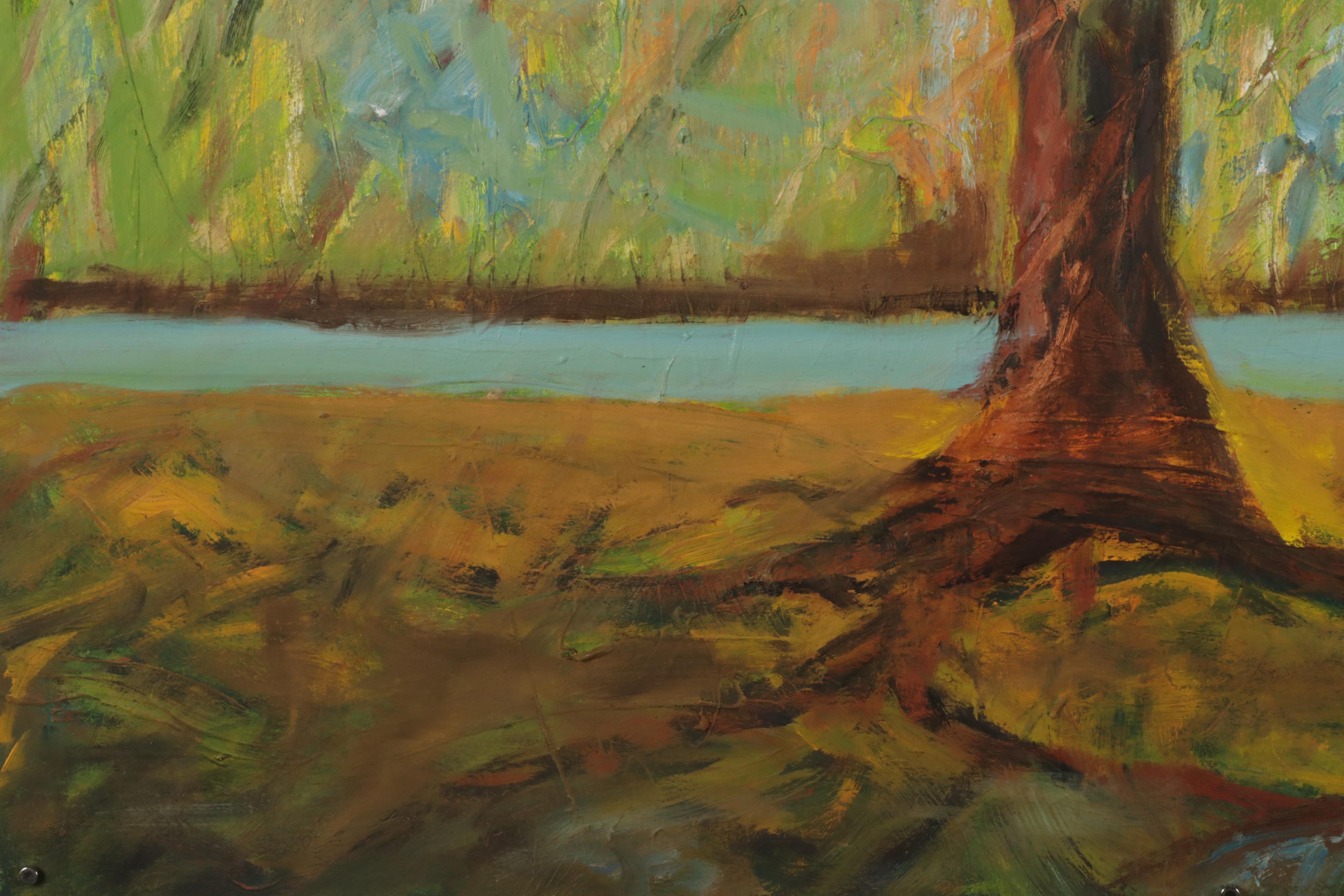 Chien Ming Su Oil Painting of Riverside Tree, Late 20th Century