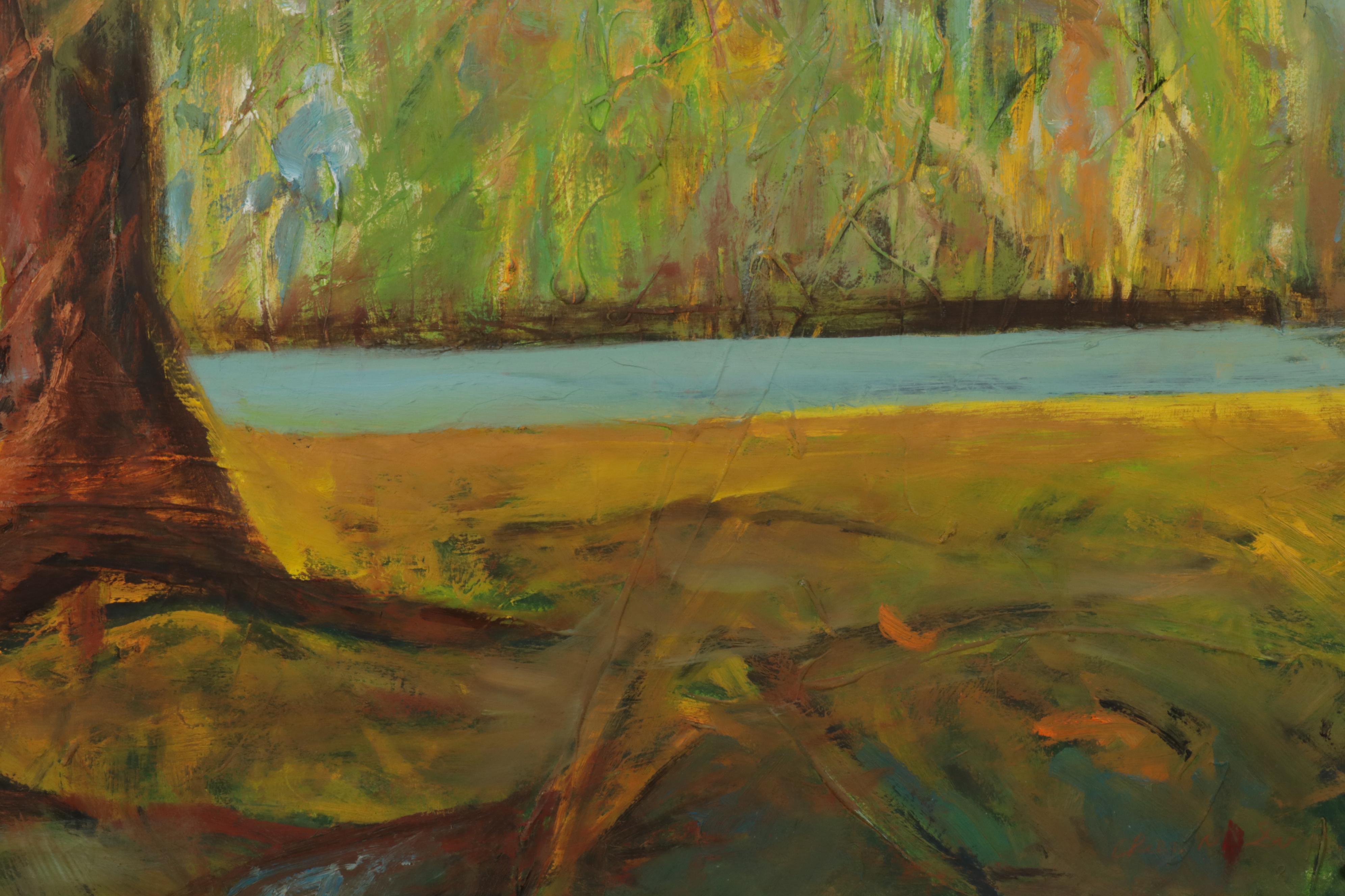 Chien Ming Su Oil Painting of Riverside Tree, Late 20th Century