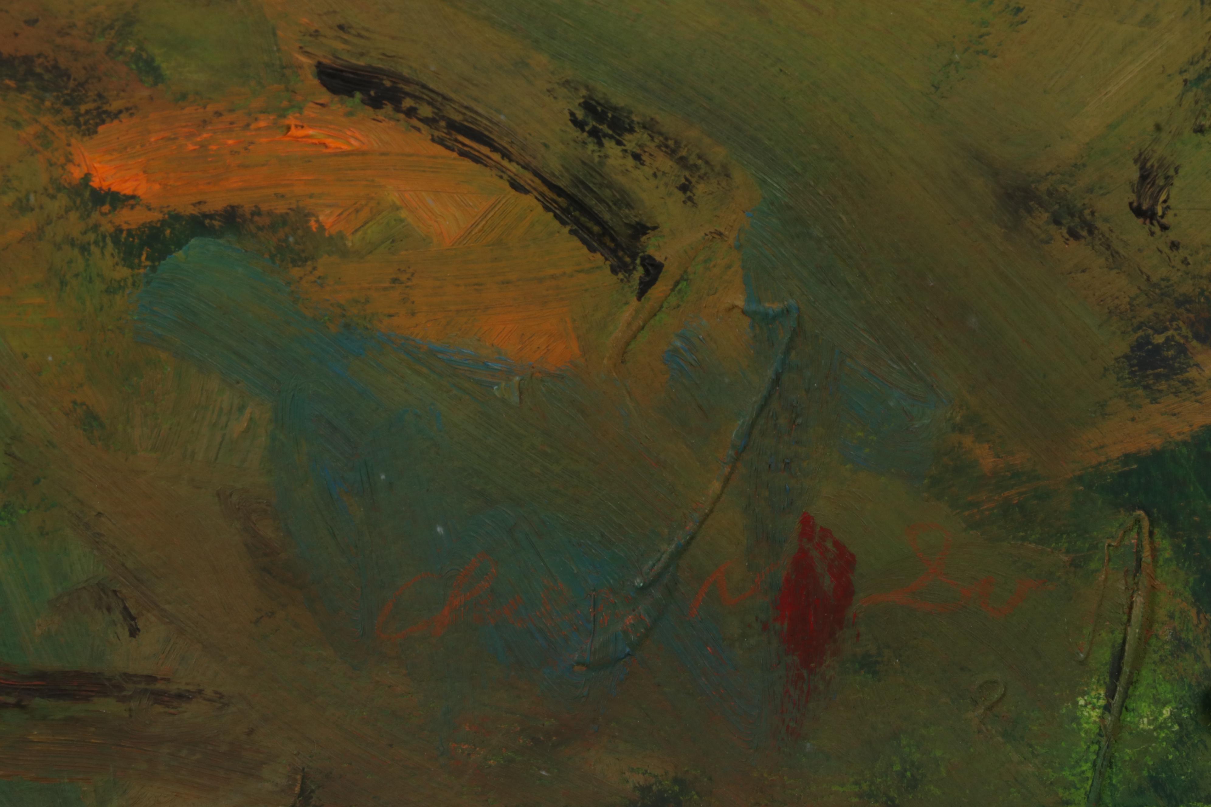 Chien Ming Su Oil Painting of Riverside Tree, Late 20th Century