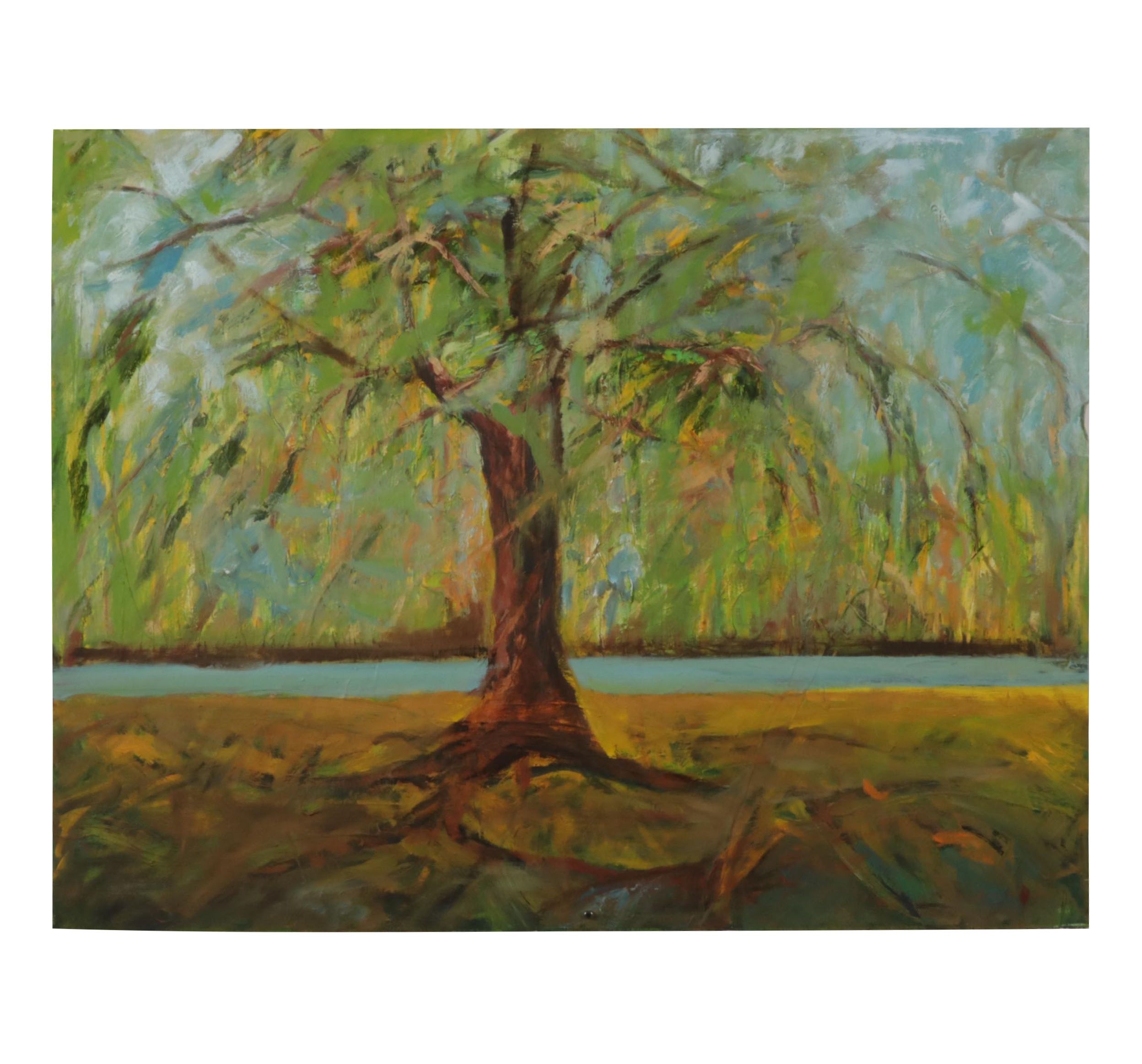 Chien Ming Su Oil Painting of Riverside Tree, Late 20th Century