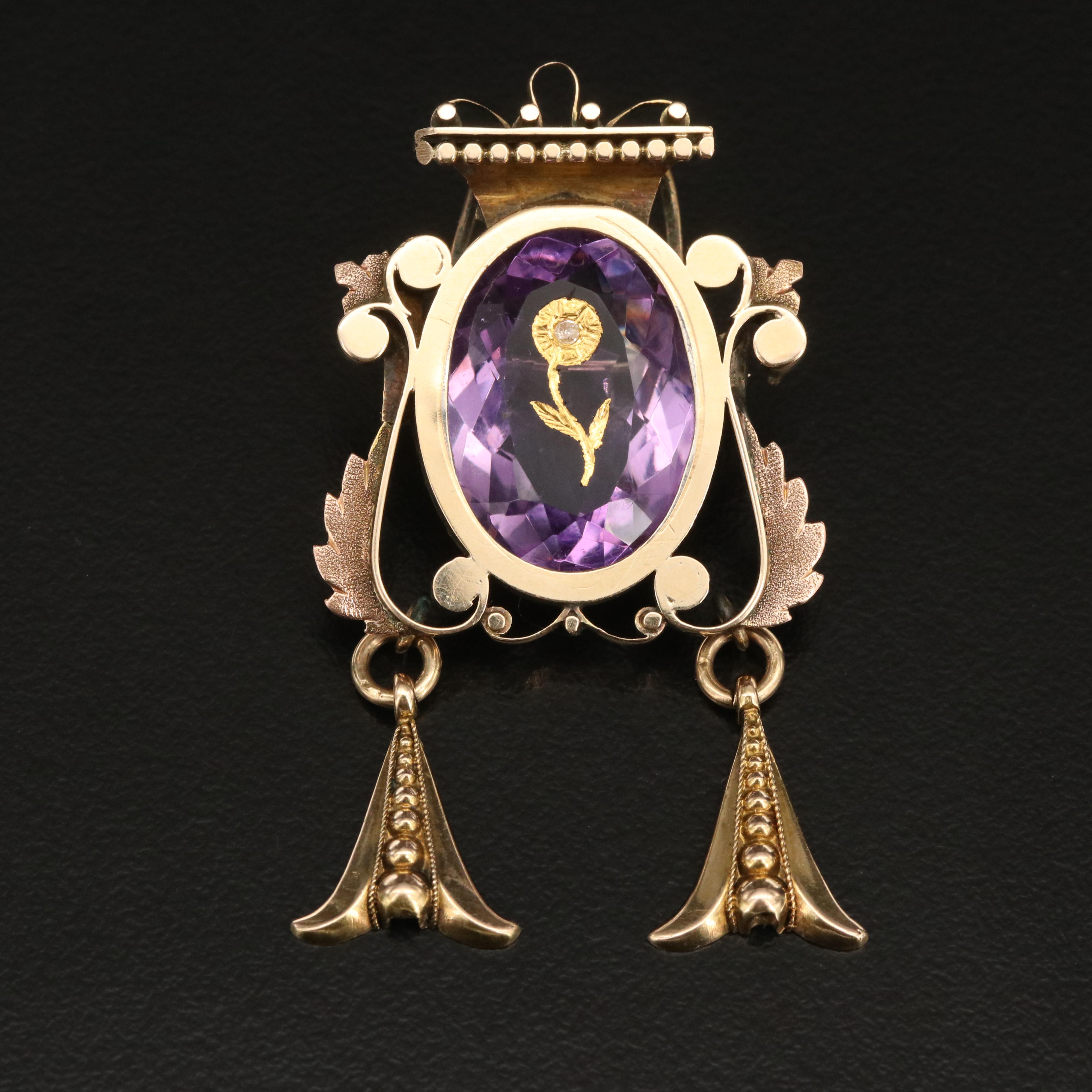 Mid-Victorian 14K Amethyst and Diamond Converter Brooch