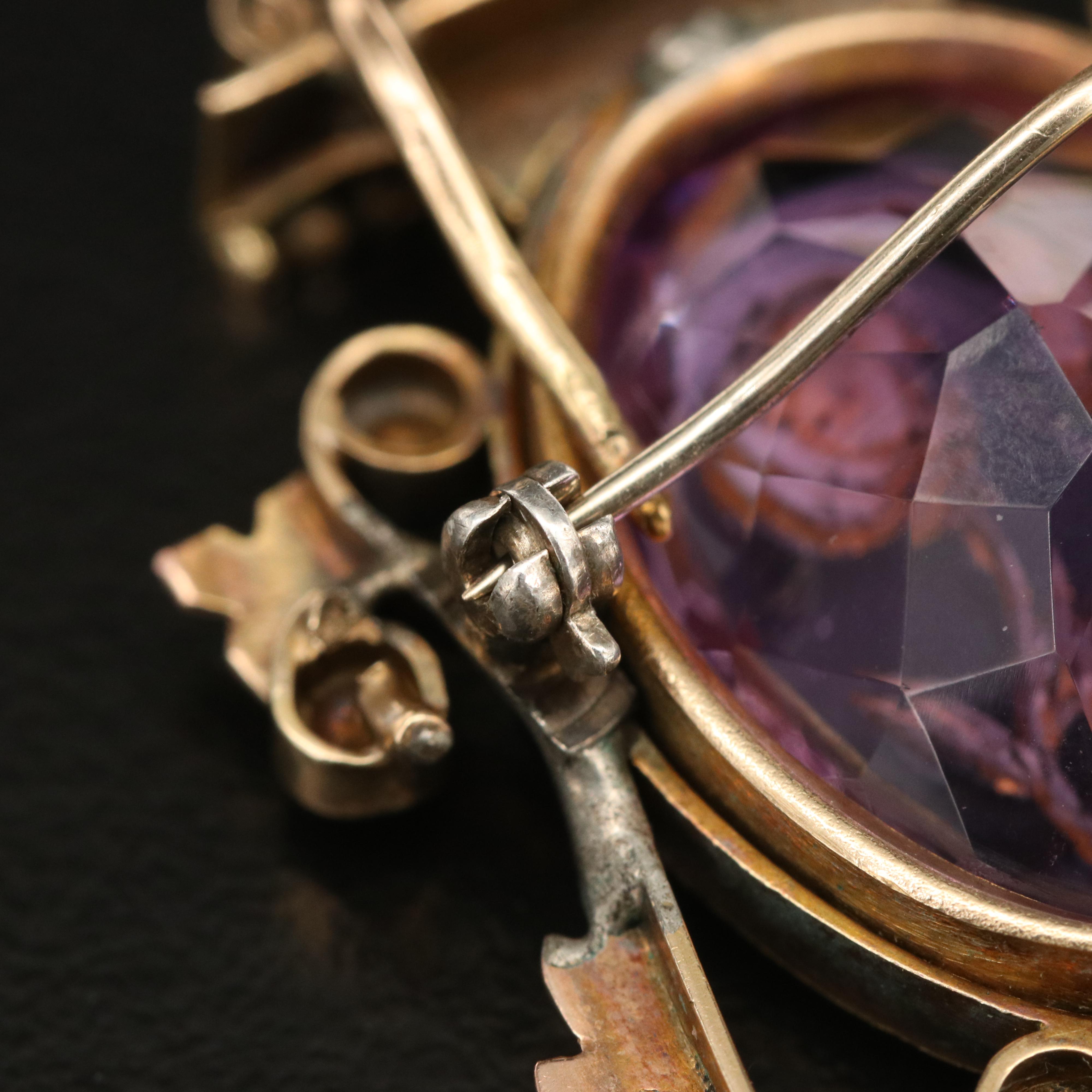 Mid-Victorian 14K Amethyst and Diamond Converter Brooch