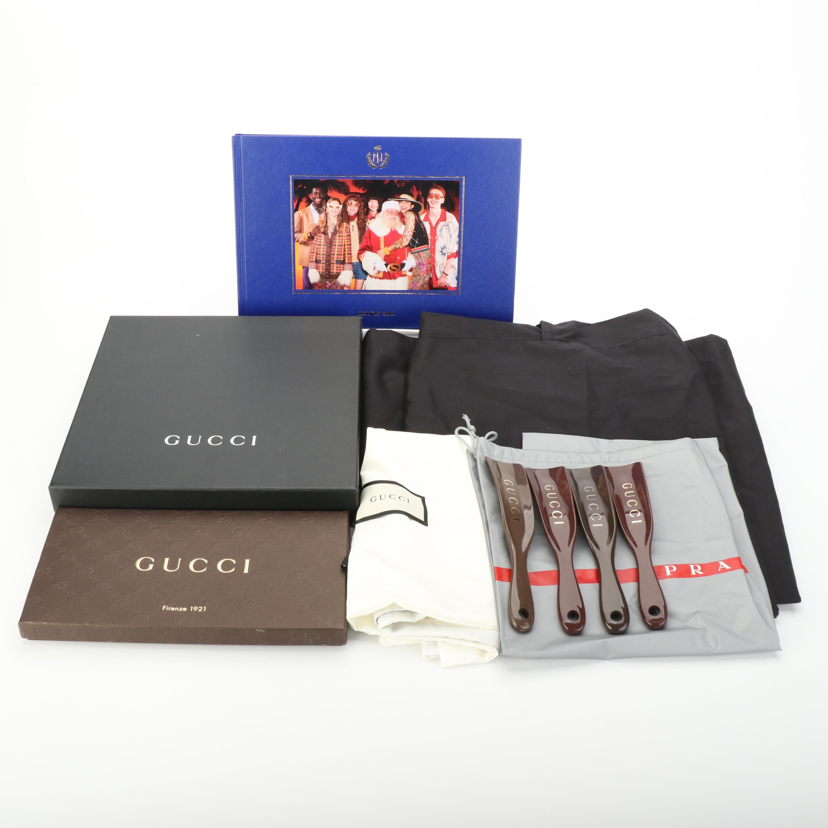 Gucci 2019 Style Book, Boxes, Shoe Horns, and Garment Cover with Prada Dust Bag