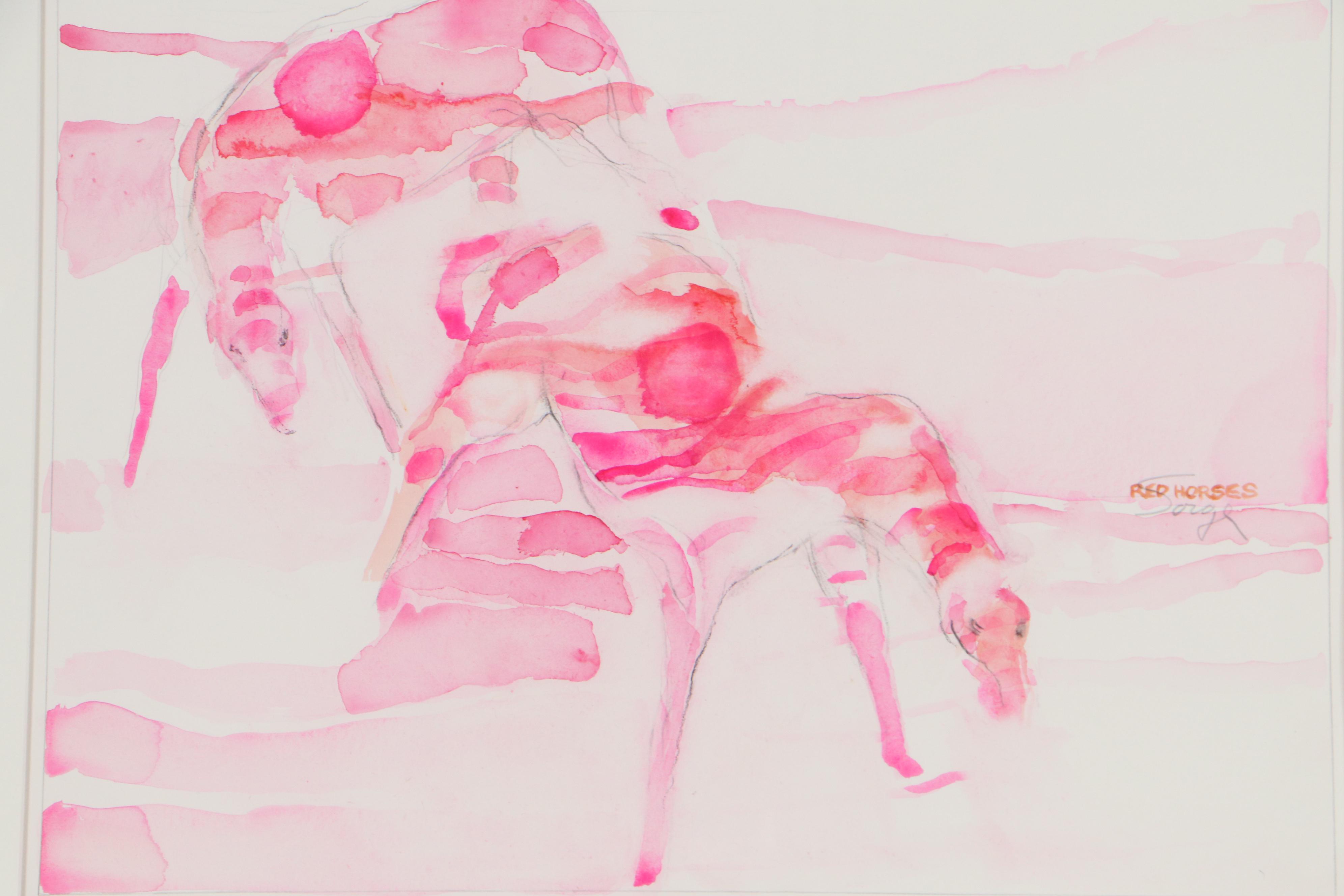 Walter Sorge Watercolor Painting "Red Horses"