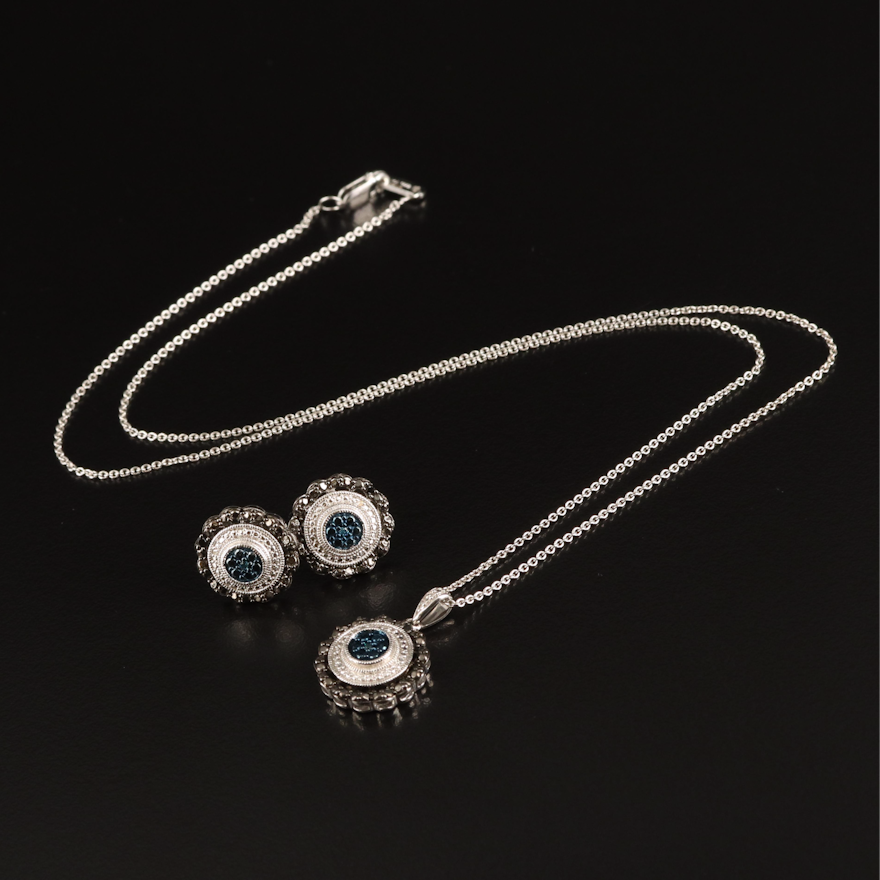 Sterling Diamond Earring and Necklace Set