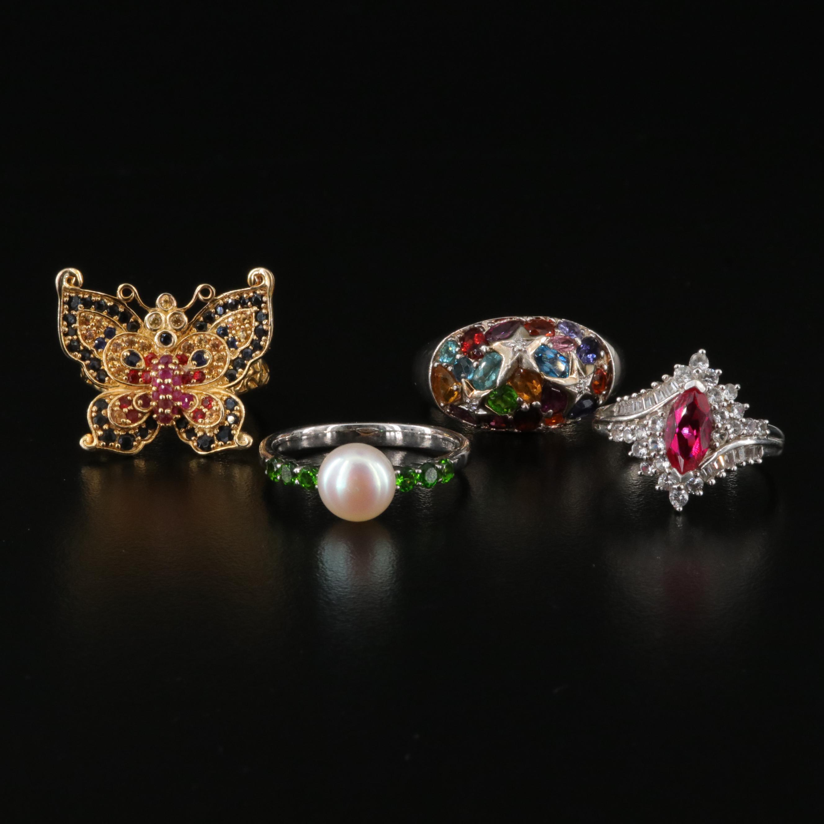 Sterling Rings Including Pearl, Diopside and Iolite