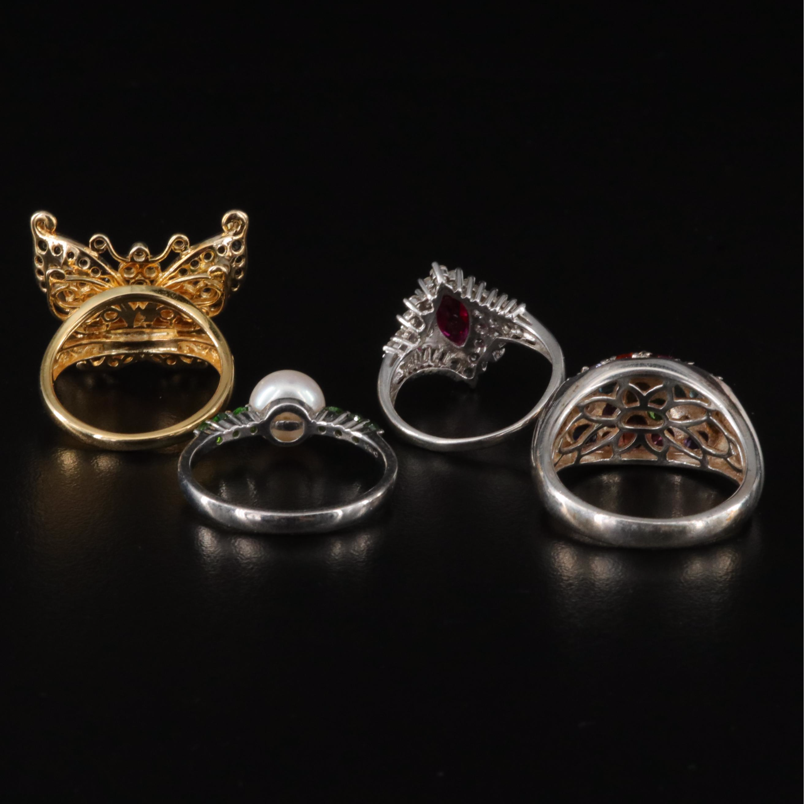 Sterling Rings Including Pearl, Diopside and Iolite
