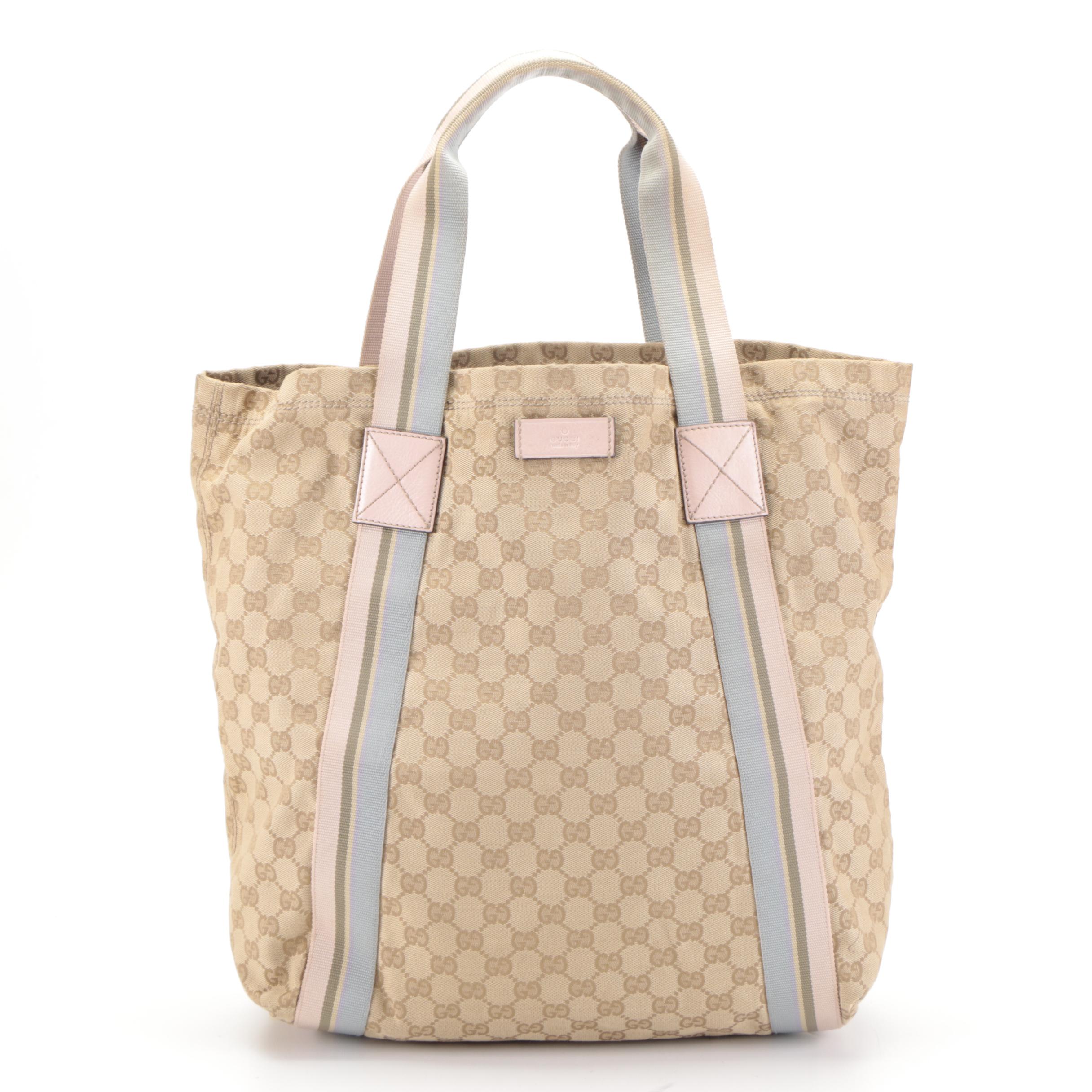 Gucci Tote Bag in GG Canvas with Pink and Blue Web
