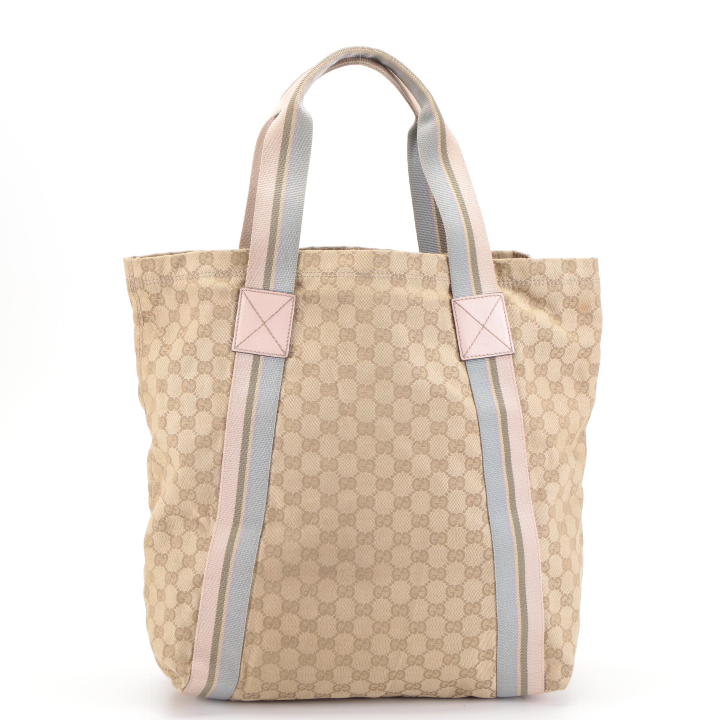 Gucci Tote Bag in GG Canvas with Pink and Blue Web