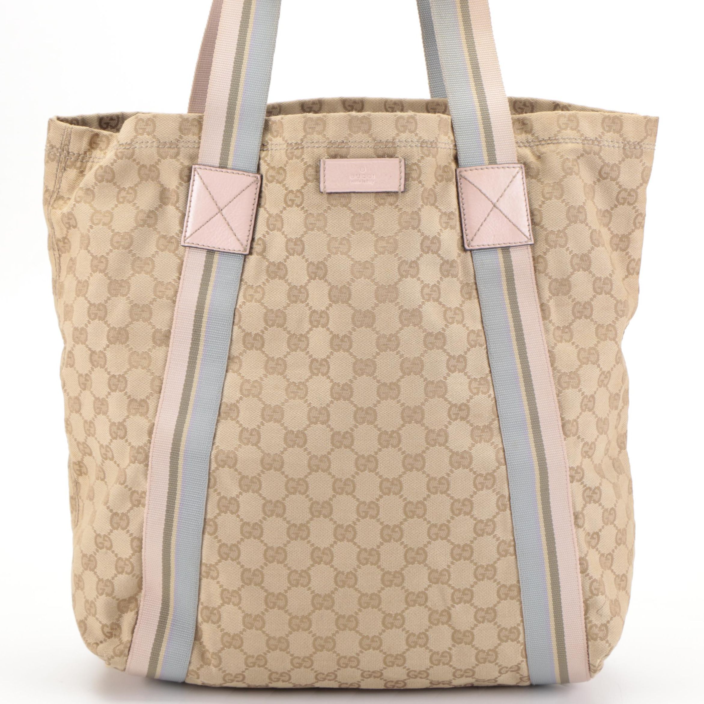 Gucci Tote Bag in GG Canvas with Pink and Blue Web