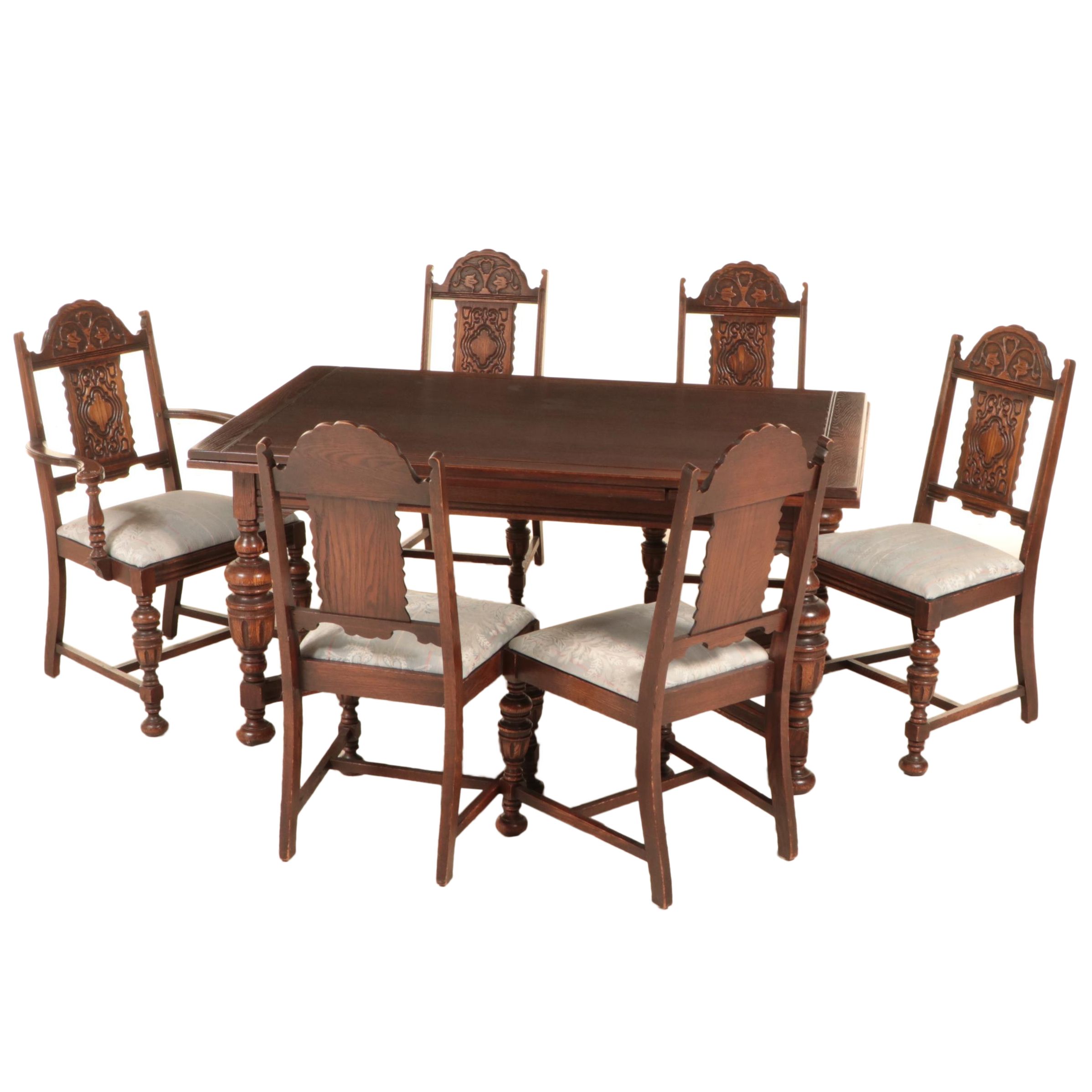 Seven-Piece Bernhardt Furniture Co. Jacobean Style Oak Dining Set, circa 1930