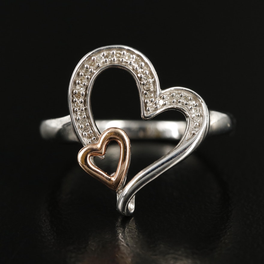 Sterling Diamond Double Heart Ring with 10K Rose Gold Accents