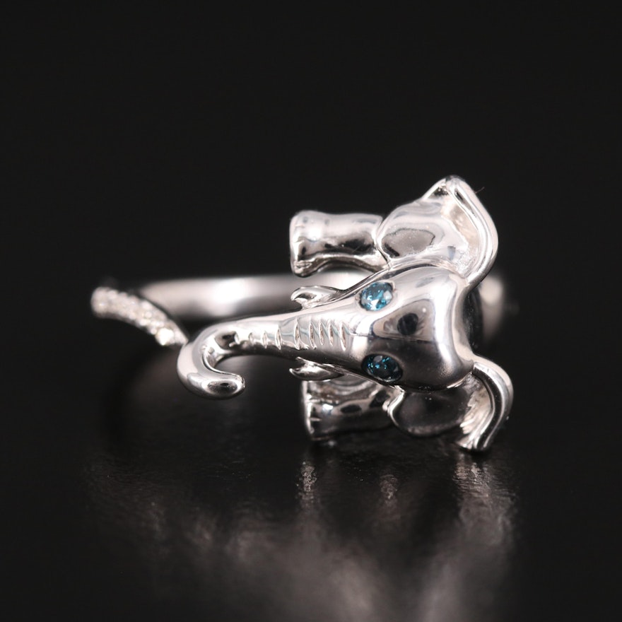 Sterling Elephant Ring with Diamond Eyes