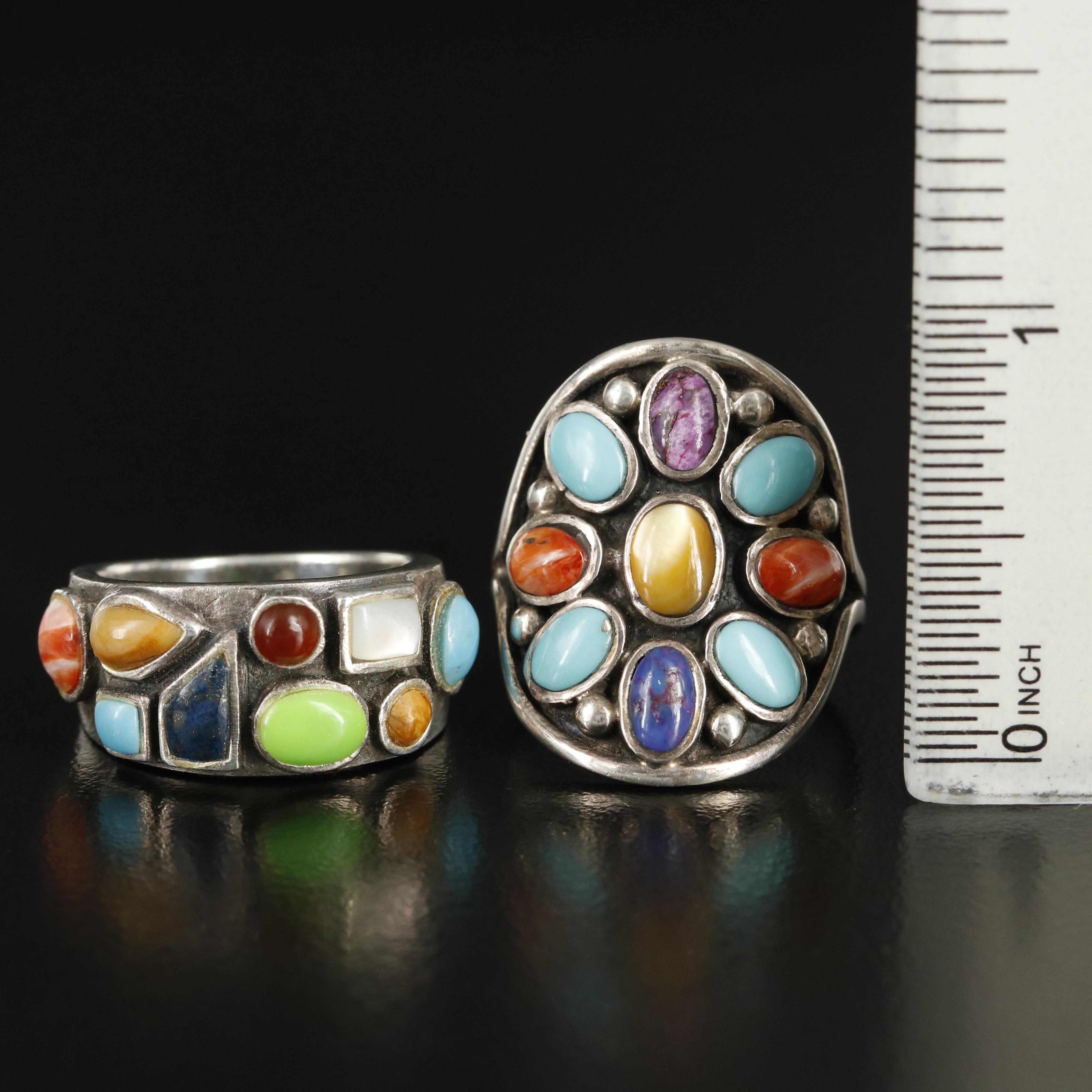 Southwestern Sterling Rings Including Spiny Oyster and Mother of Pearl
