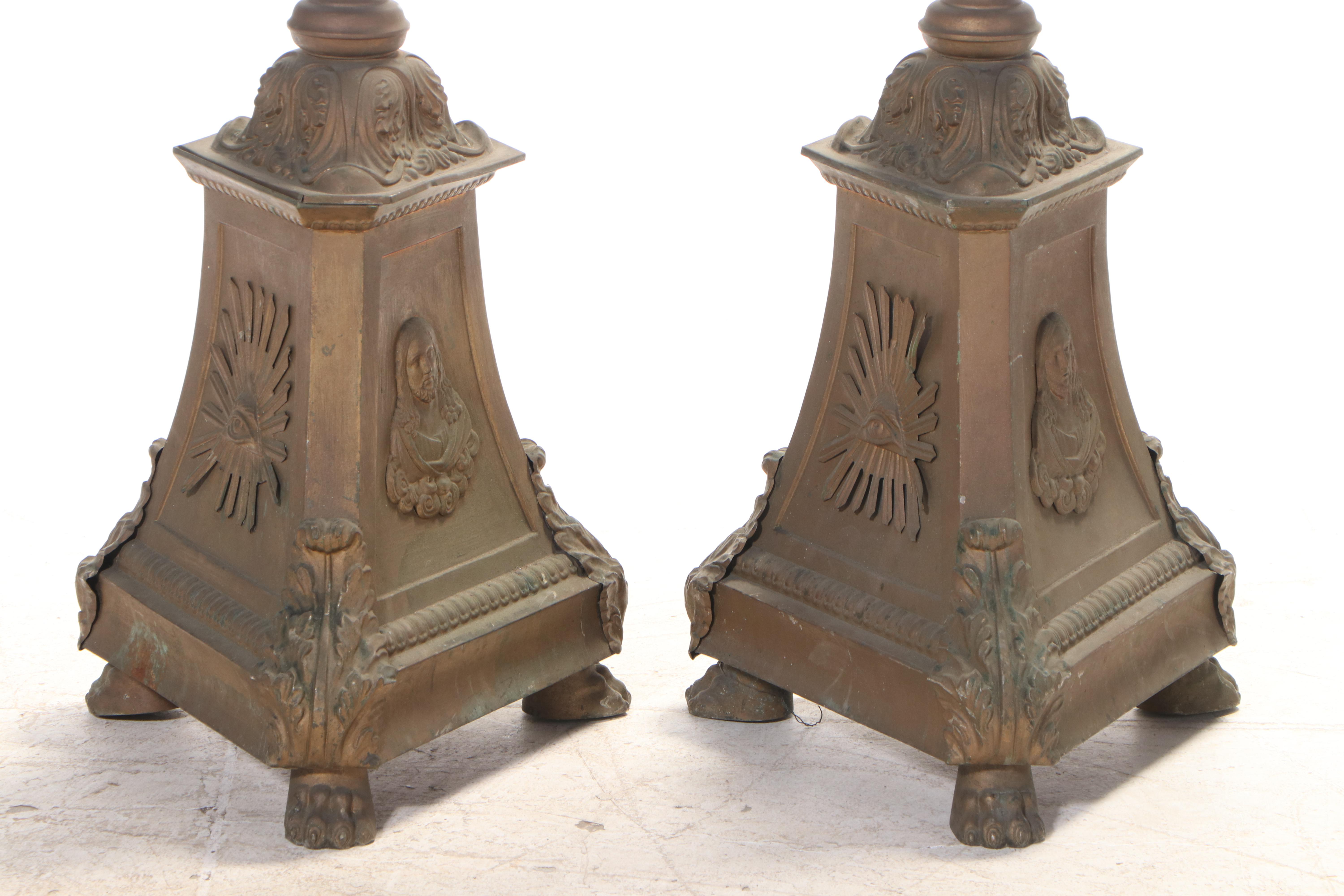 Pair of Gilt Metal Ecclesiastical Altar Candlesticks, Early 20th Century