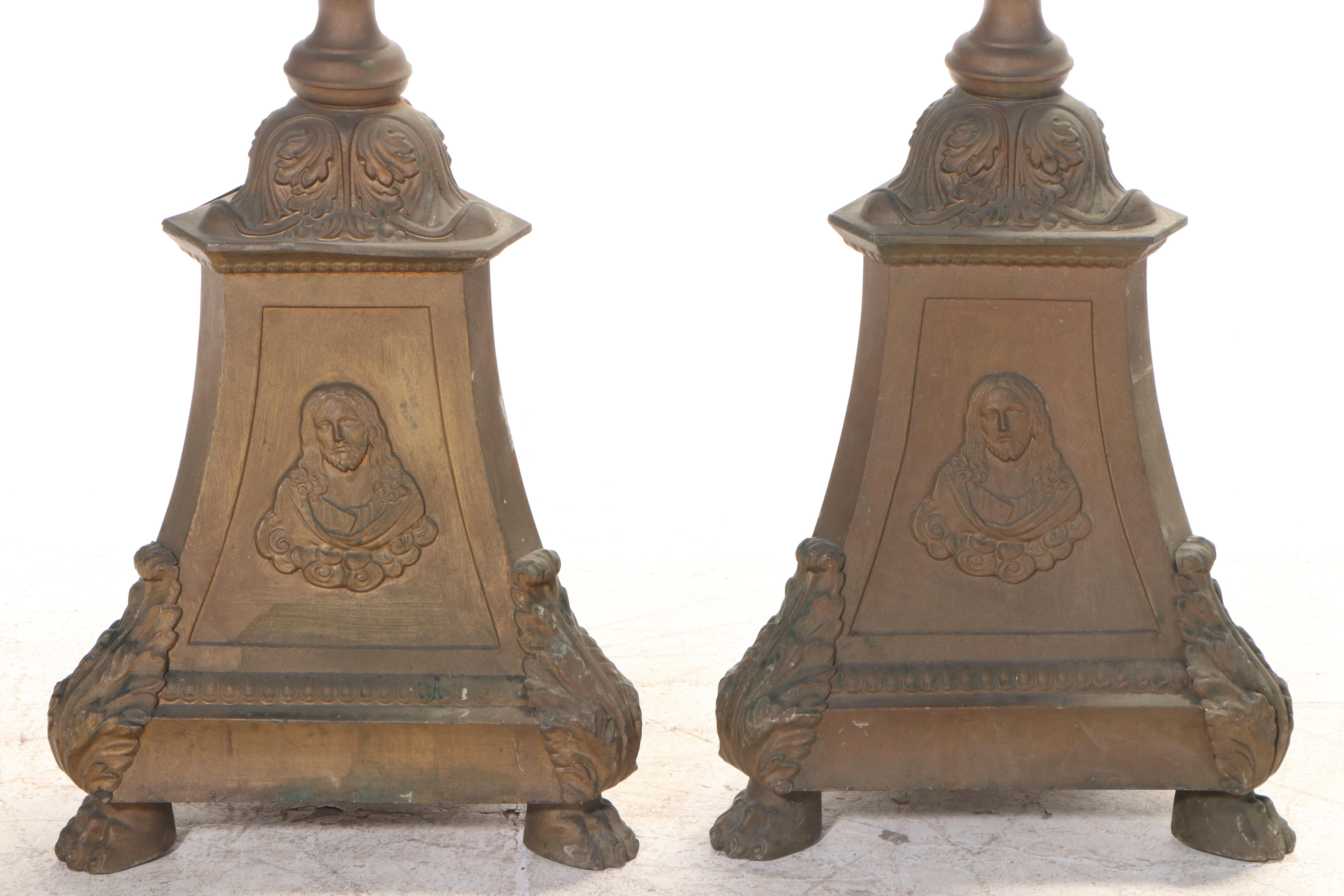 Pair of Gilt Metal Ecclesiastical Altar Candlesticks, Early 20th Century