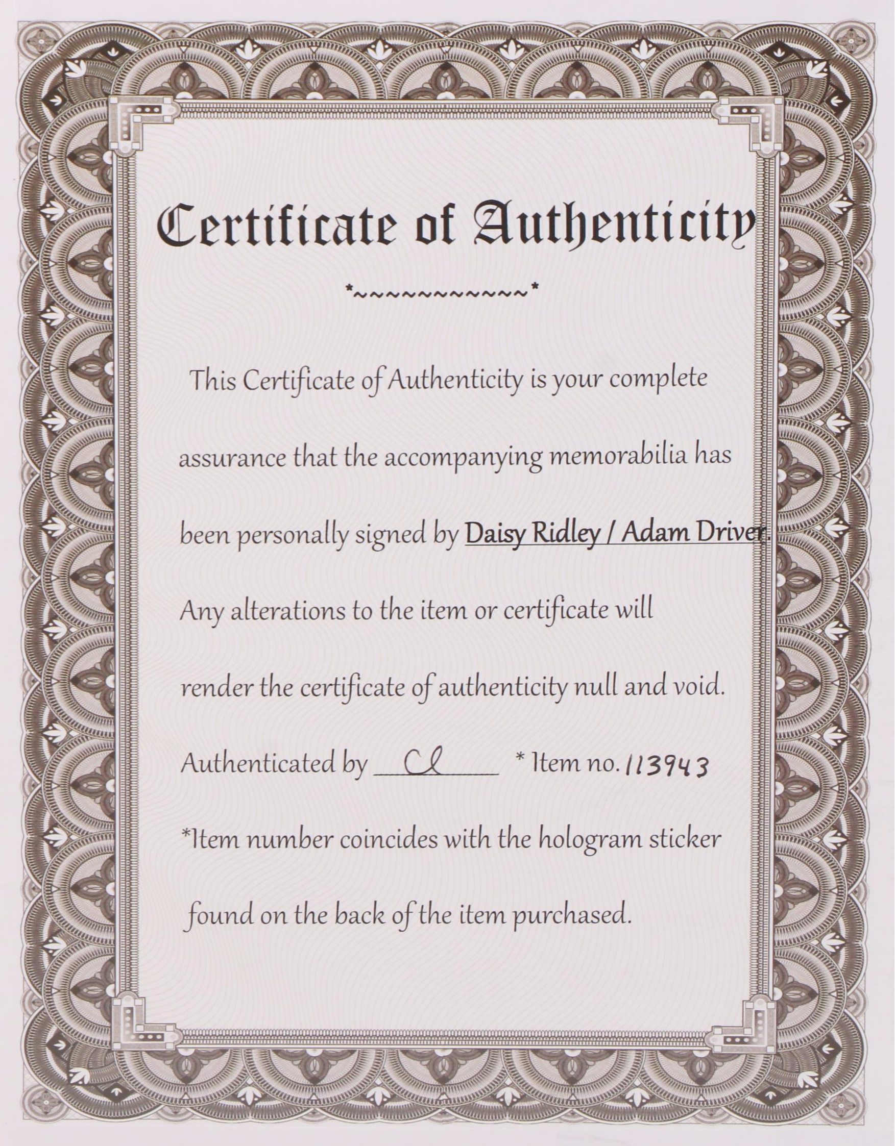 Adam Driver "Kylo Ren" and Daisy Ridley "Rey" Signed Star Wars Publicity Print