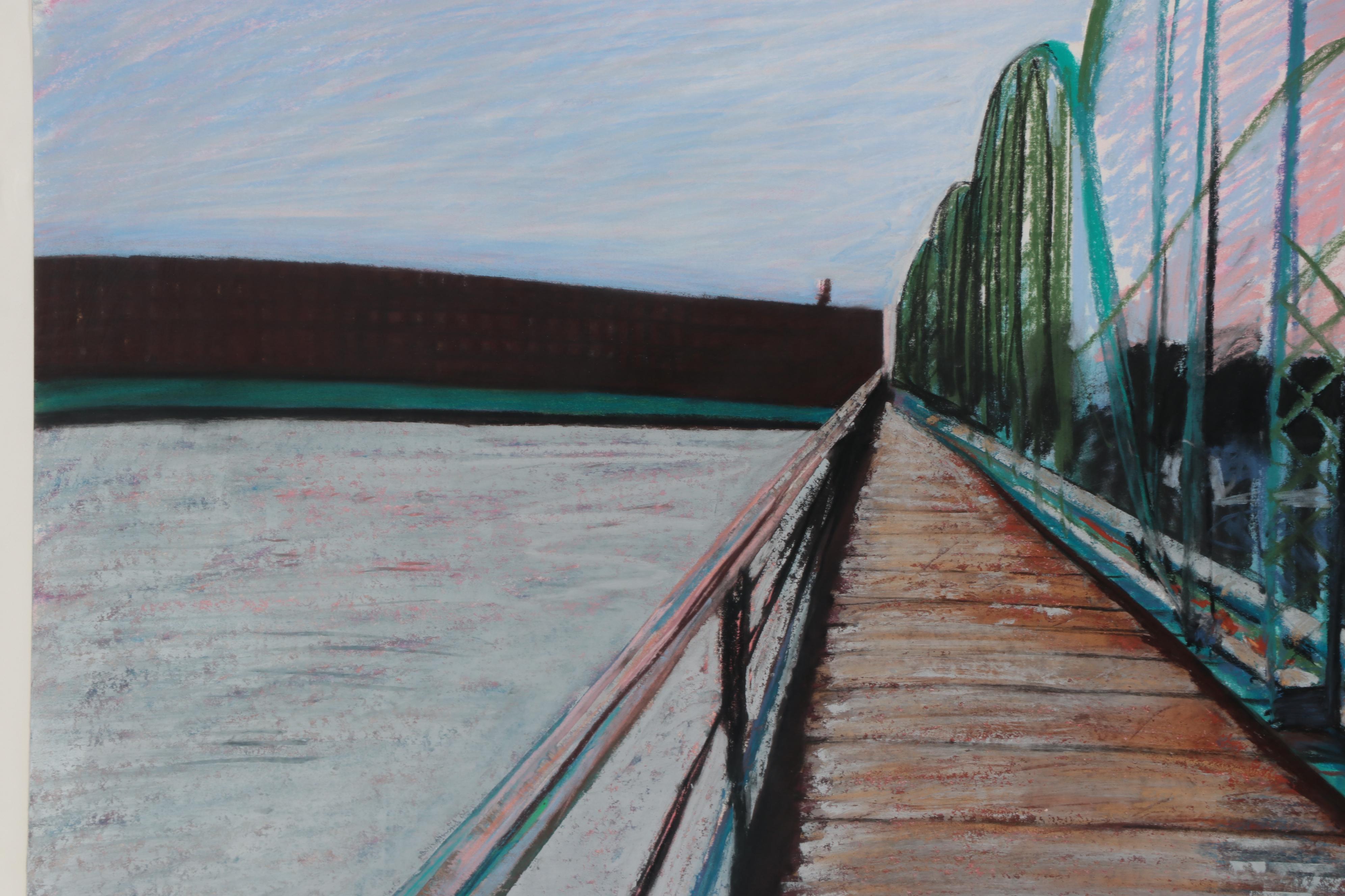 Mela Lyman Pastel Drawing "Aiken St. Bridge with Red Car," 1984
