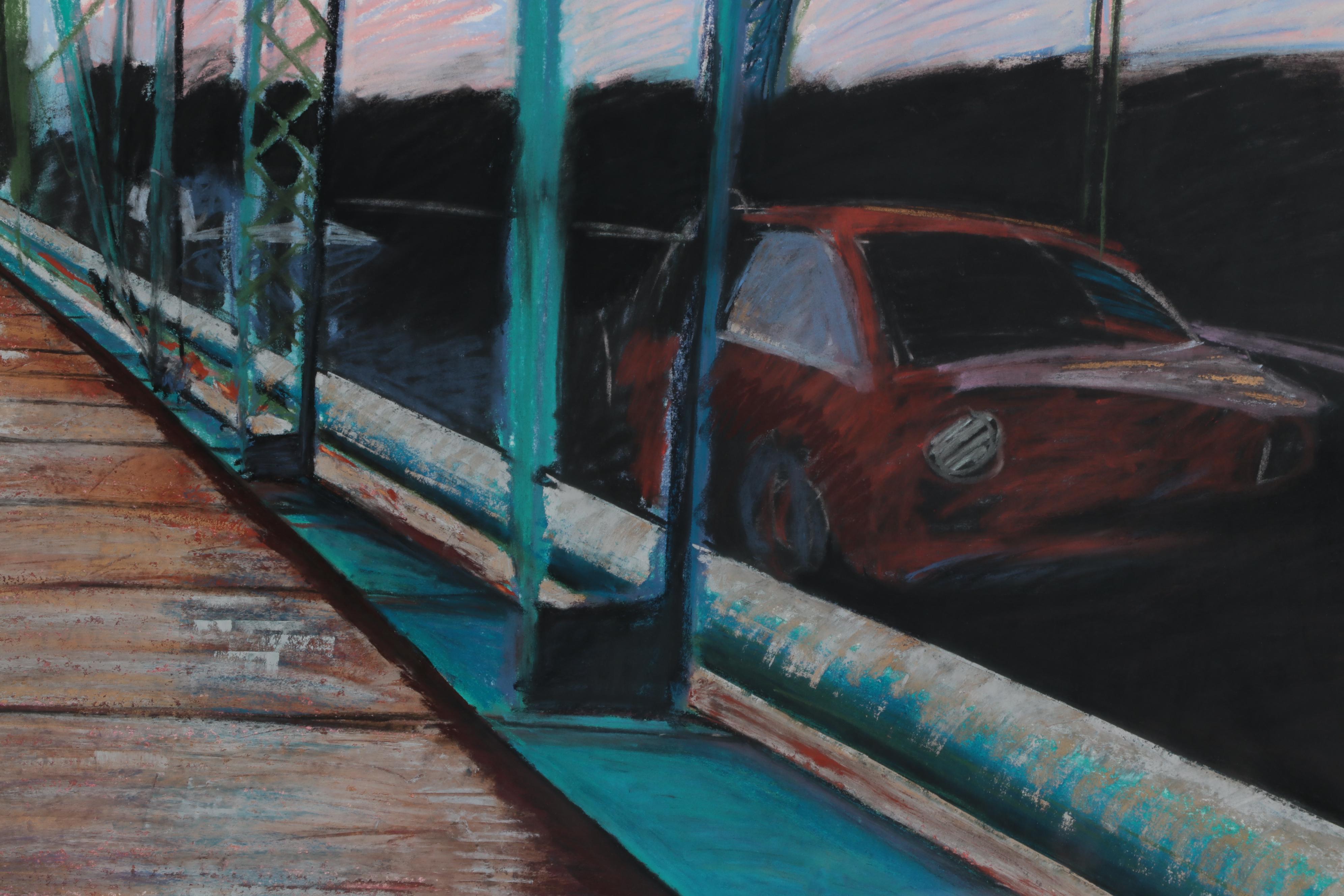 Mela Lyman Pastel Drawing "Aiken St. Bridge with Red Car," 1984