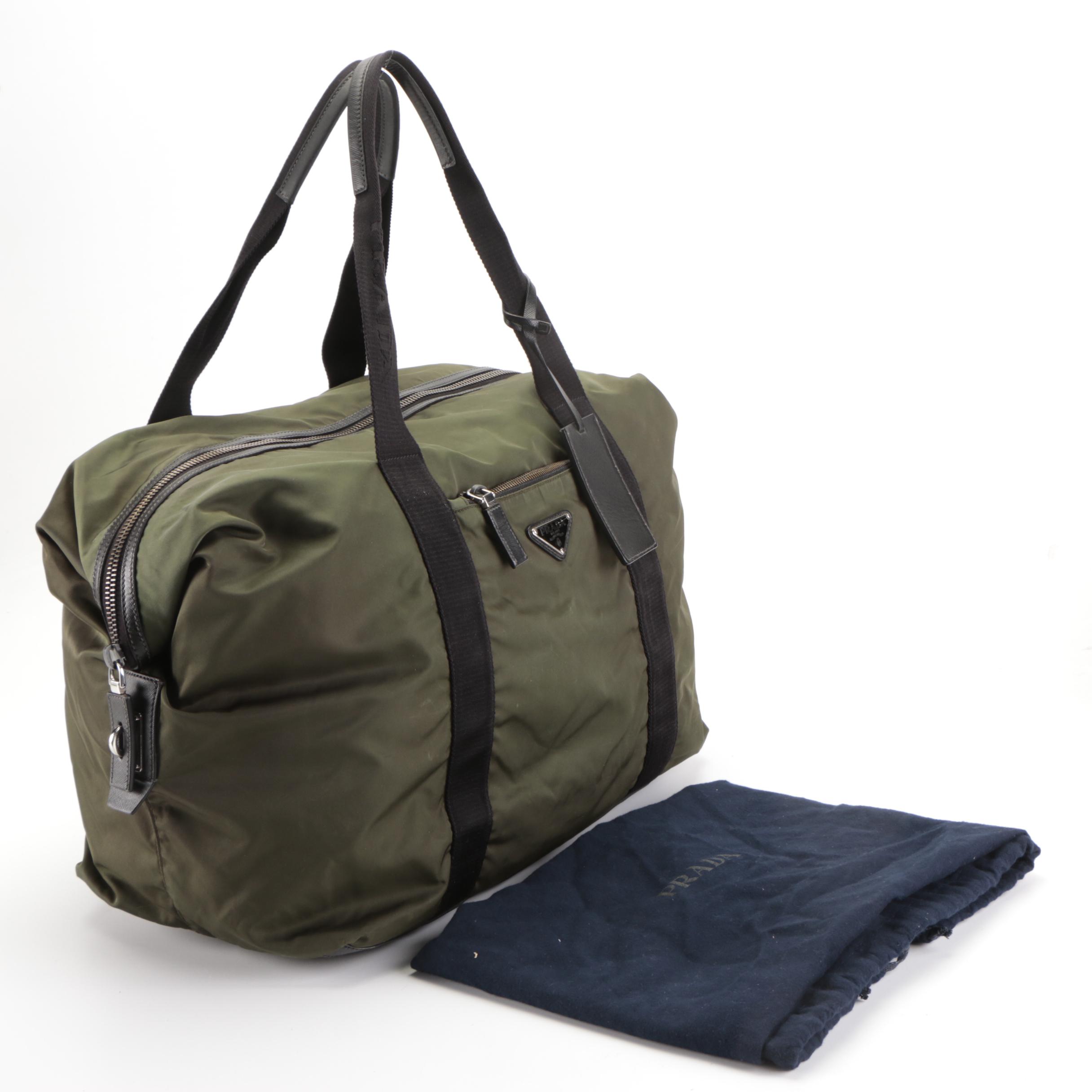 Prada Zip Duffle Bag in Green Nylon Tessuto and Black Saffiano Leather