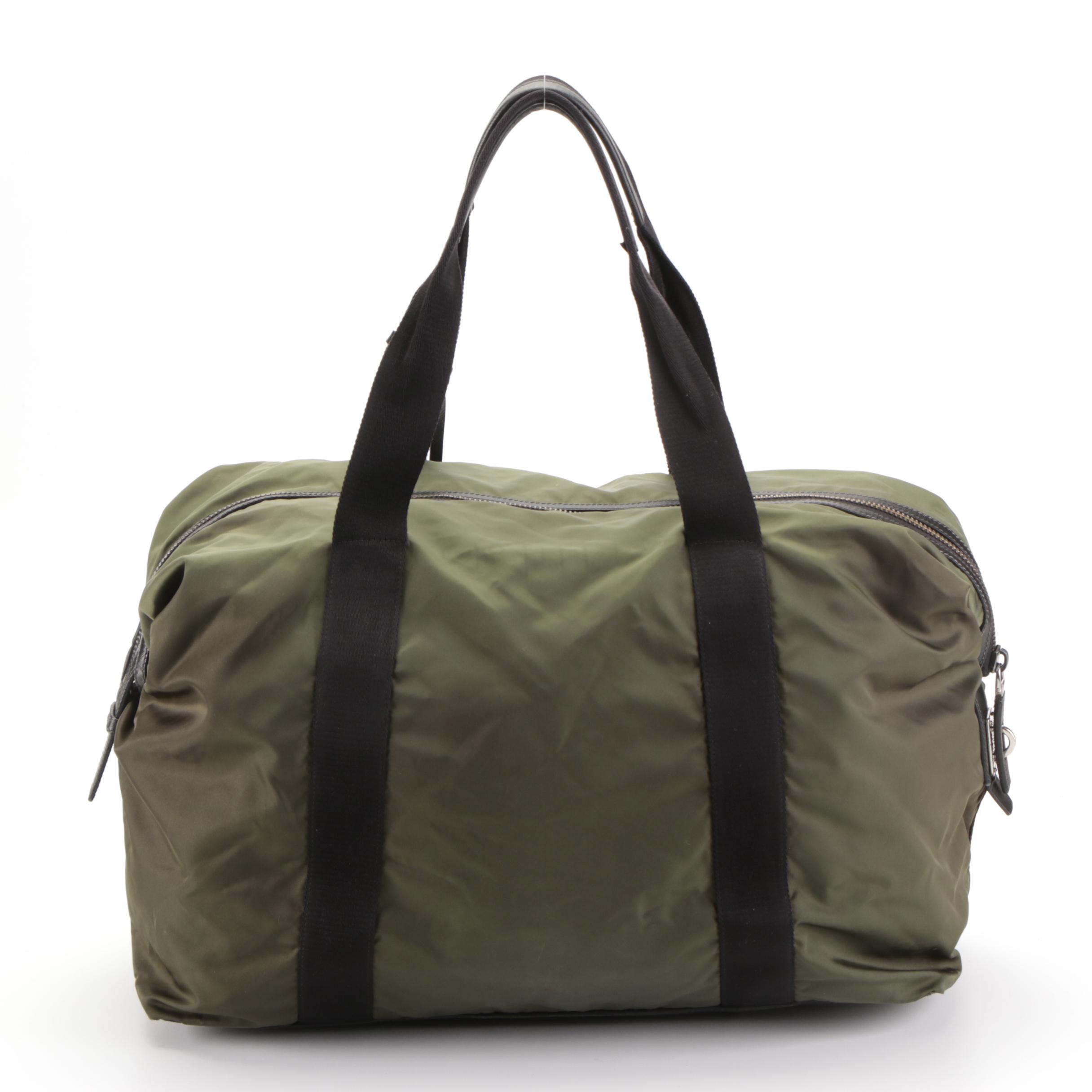 Prada Zip Duffle Bag in Green Nylon Tessuto and Black Saffiano Leather