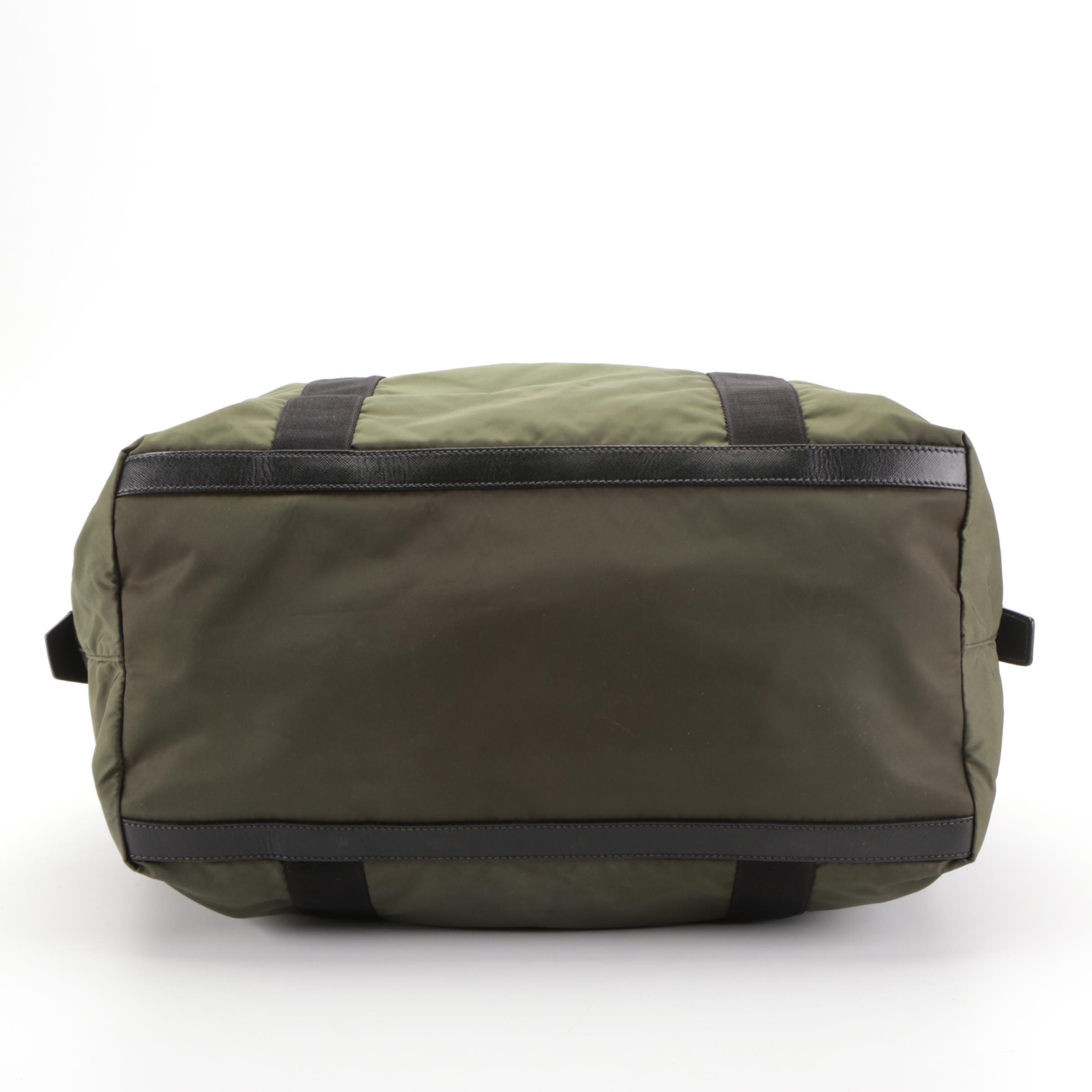 Prada Zip Duffle Bag in Green Nylon Tessuto and Black Saffiano Leather