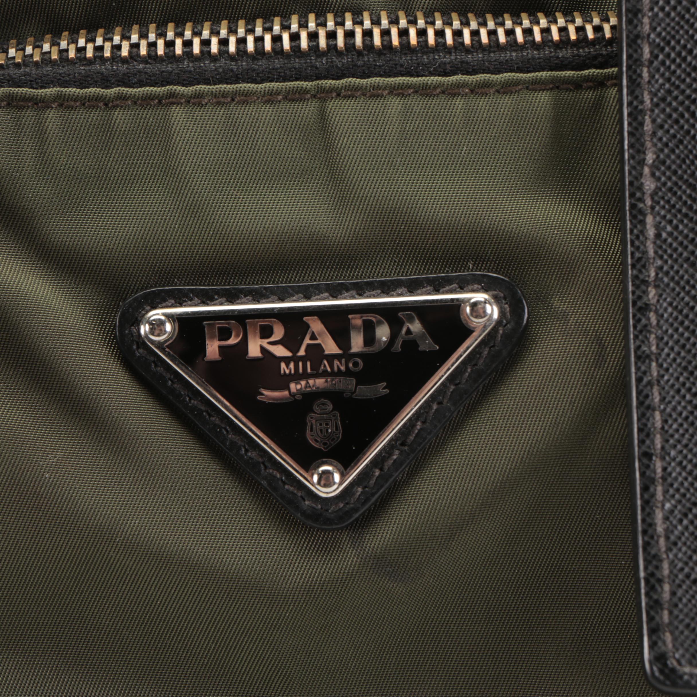 Prada Zip Duffle Bag in Green Nylon Tessuto and Black Saffiano Leather
