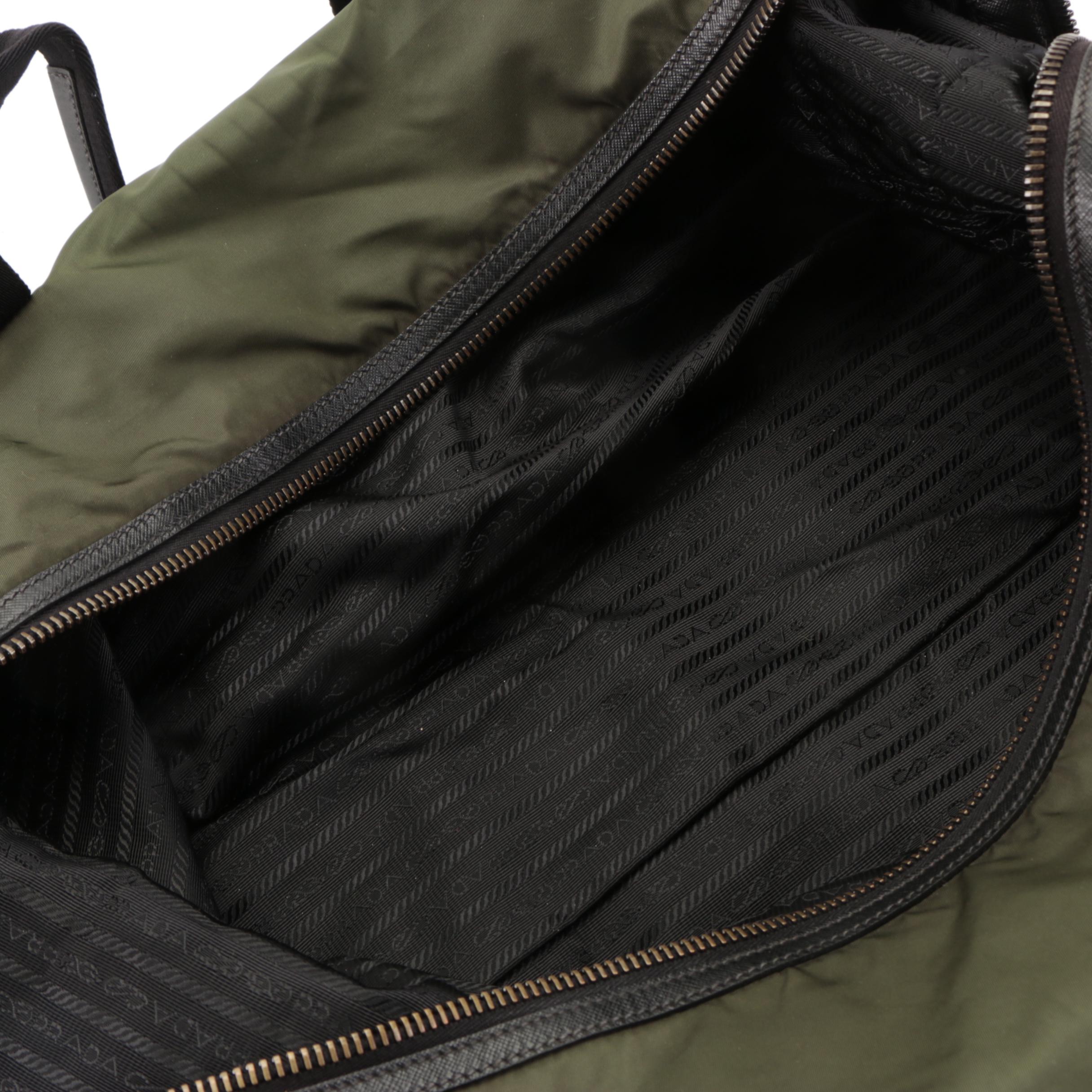 Prada Zip Duffle Bag in Green Nylon Tessuto and Black Saffiano Leather