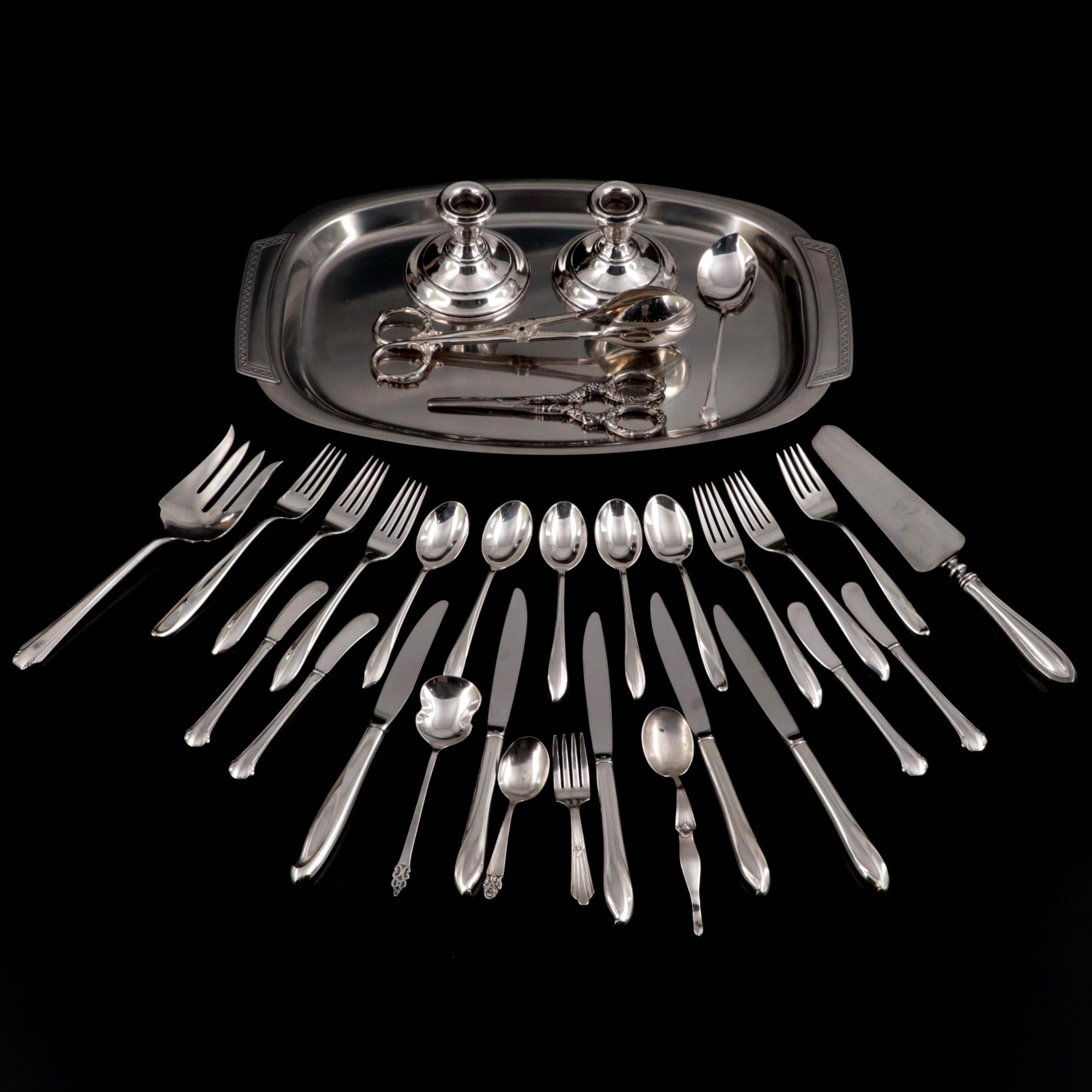 Sterling Silver and Silver Plate Utensils with Weighted Candlesticks and More