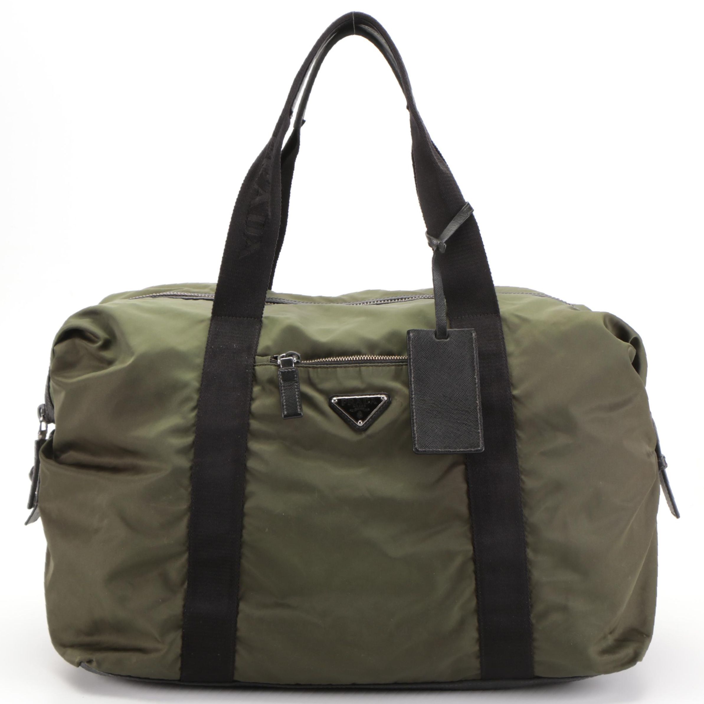 Prada Zip Duffle Bag in Green Nylon Tessuto and Black Saffiano Leather