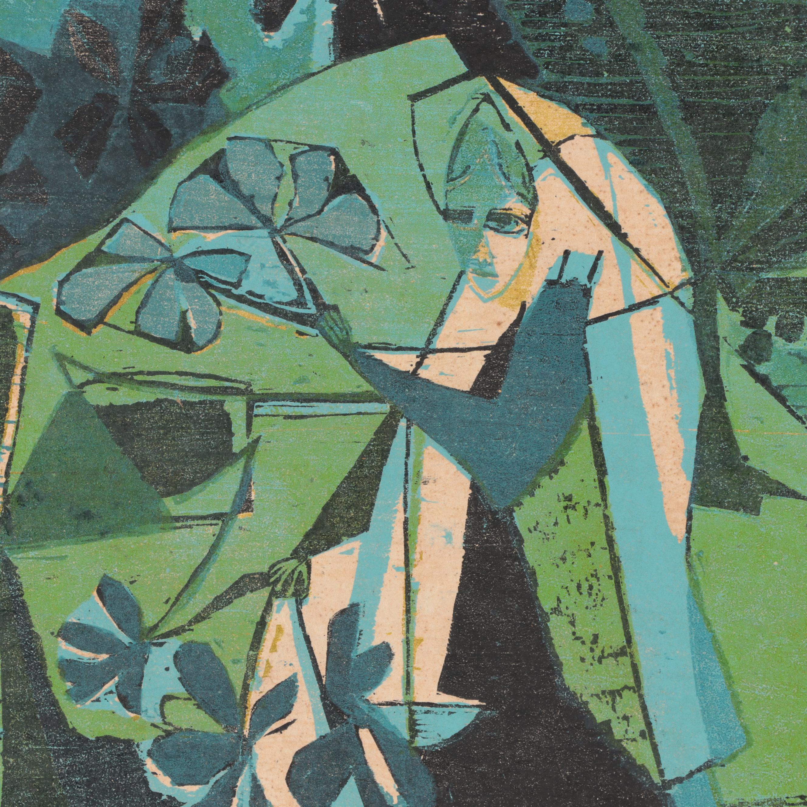 Evelyn Marx Woodcut "Mary and Martha," 1959