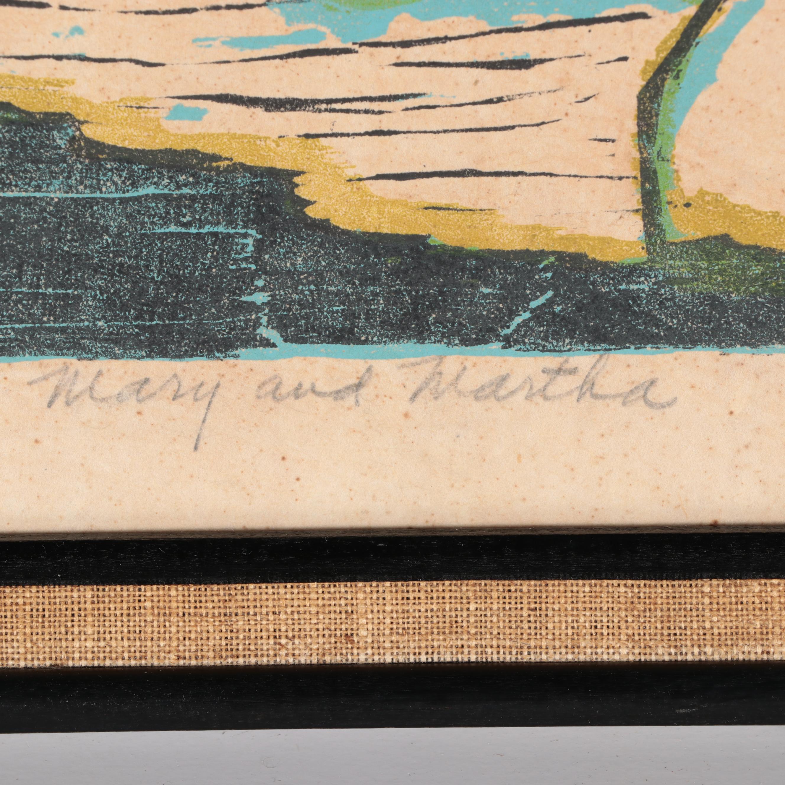 Evelyn Marx Woodcut "Mary and Martha," 1959