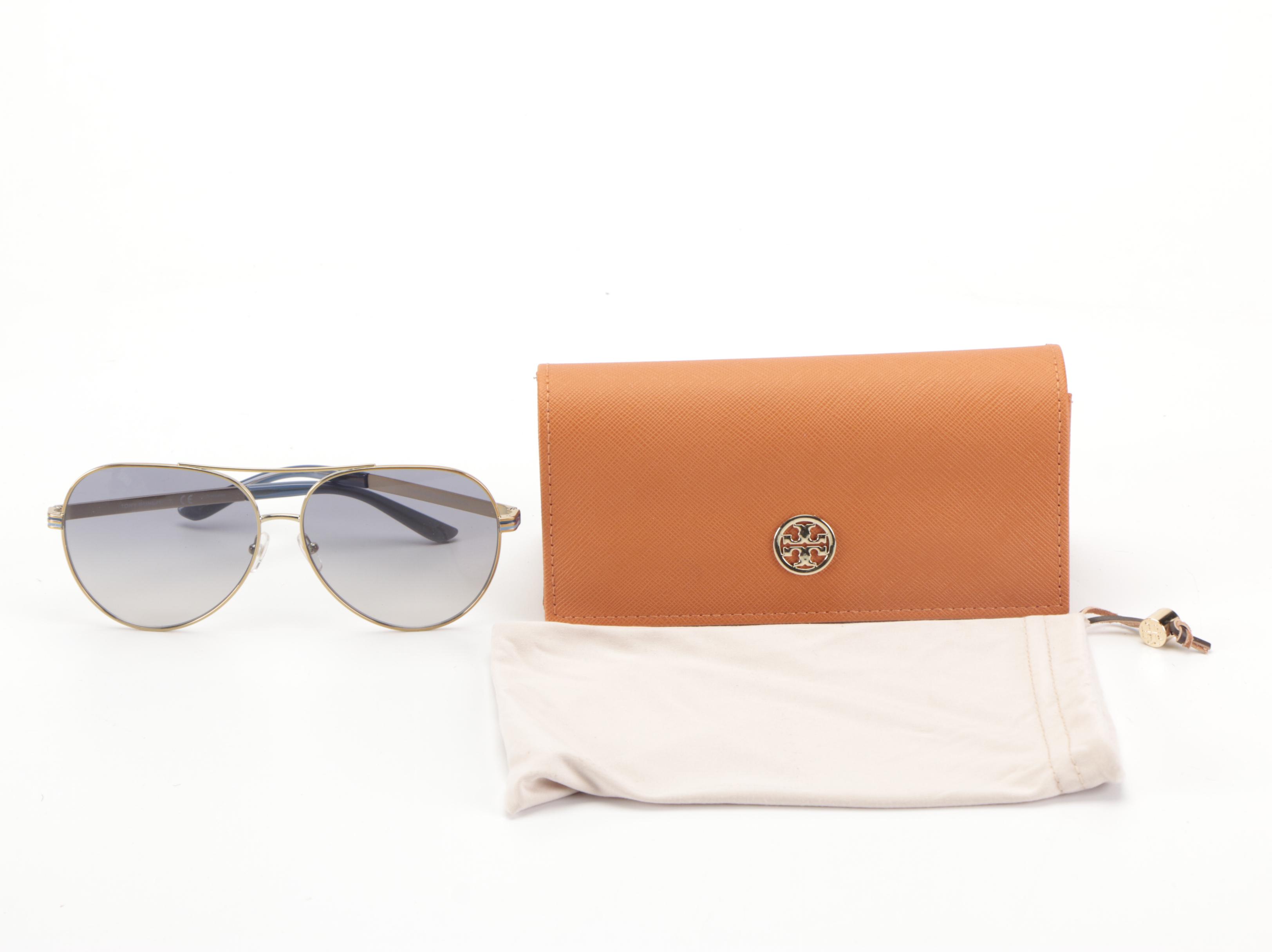 Tory Burch TY6078 Gold Metal Aviator Sunglasses with Slip Case and Box