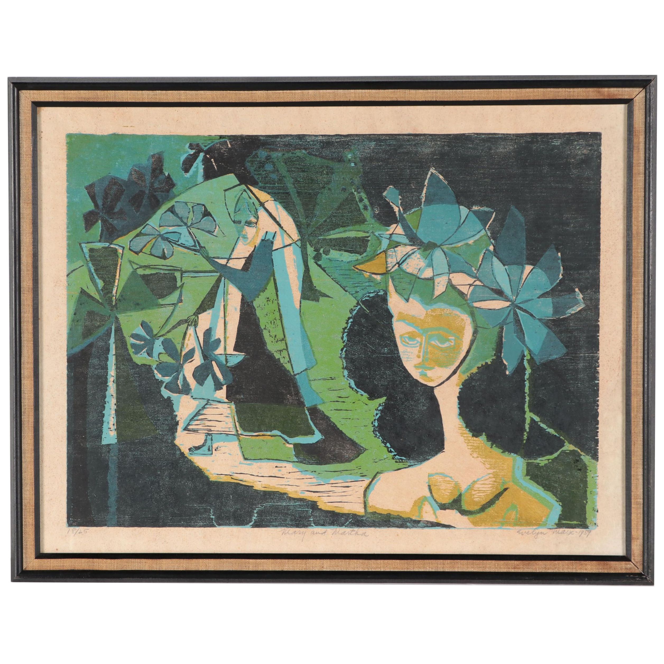 Evelyn Marx Woodcut "Mary and Martha," 1959