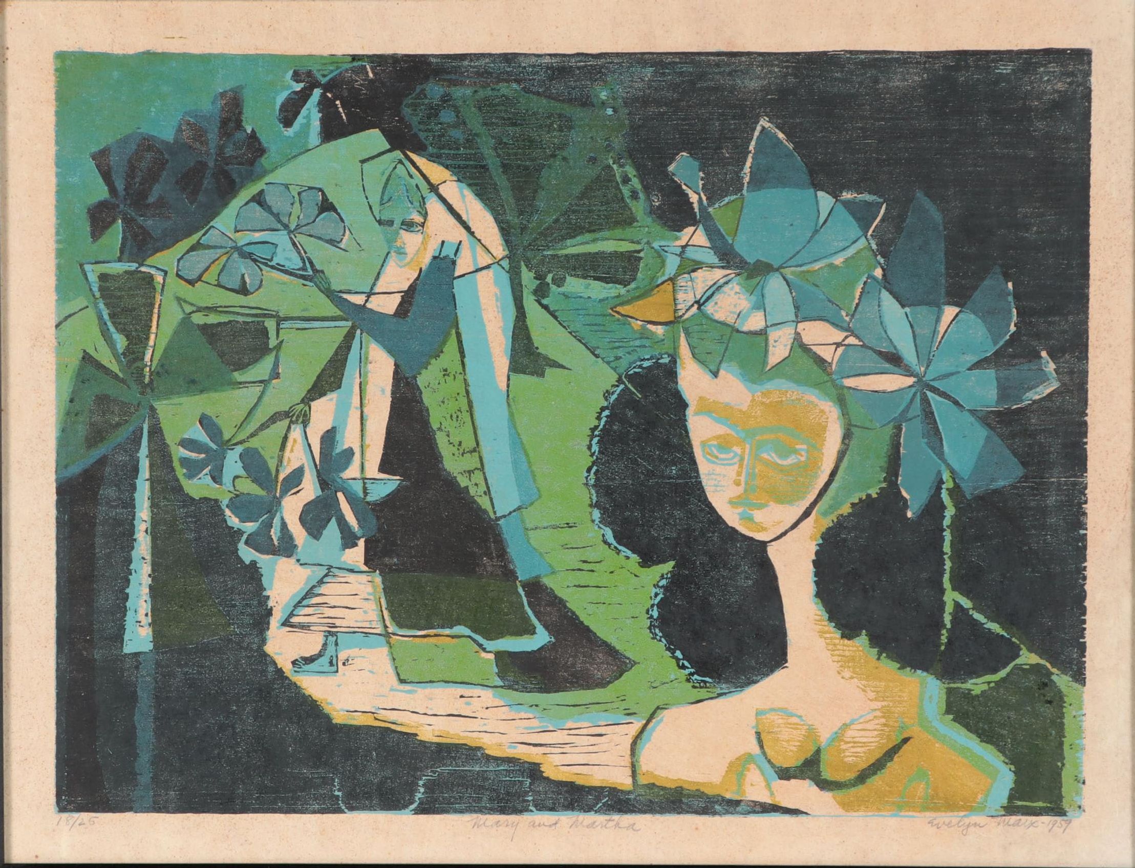 Evelyn Marx Woodcut "Mary and Martha," 1959
